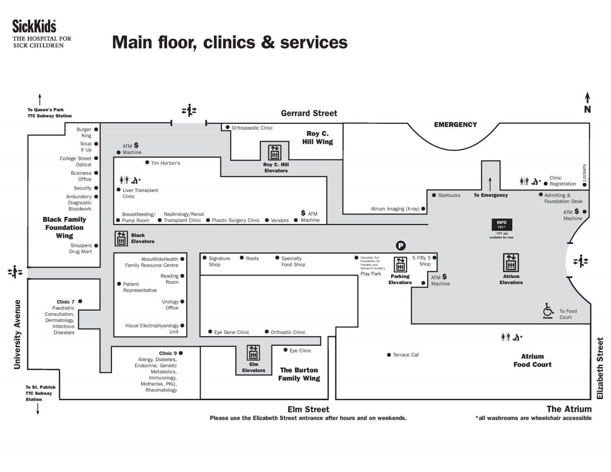 Mapa ng Ospital para sa Maysakit na mga Bata Toronto pangunahing palapag