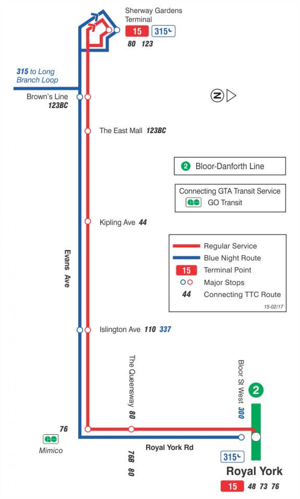 Mapa ng TTC 15 Evans ruta ng bus Toronto