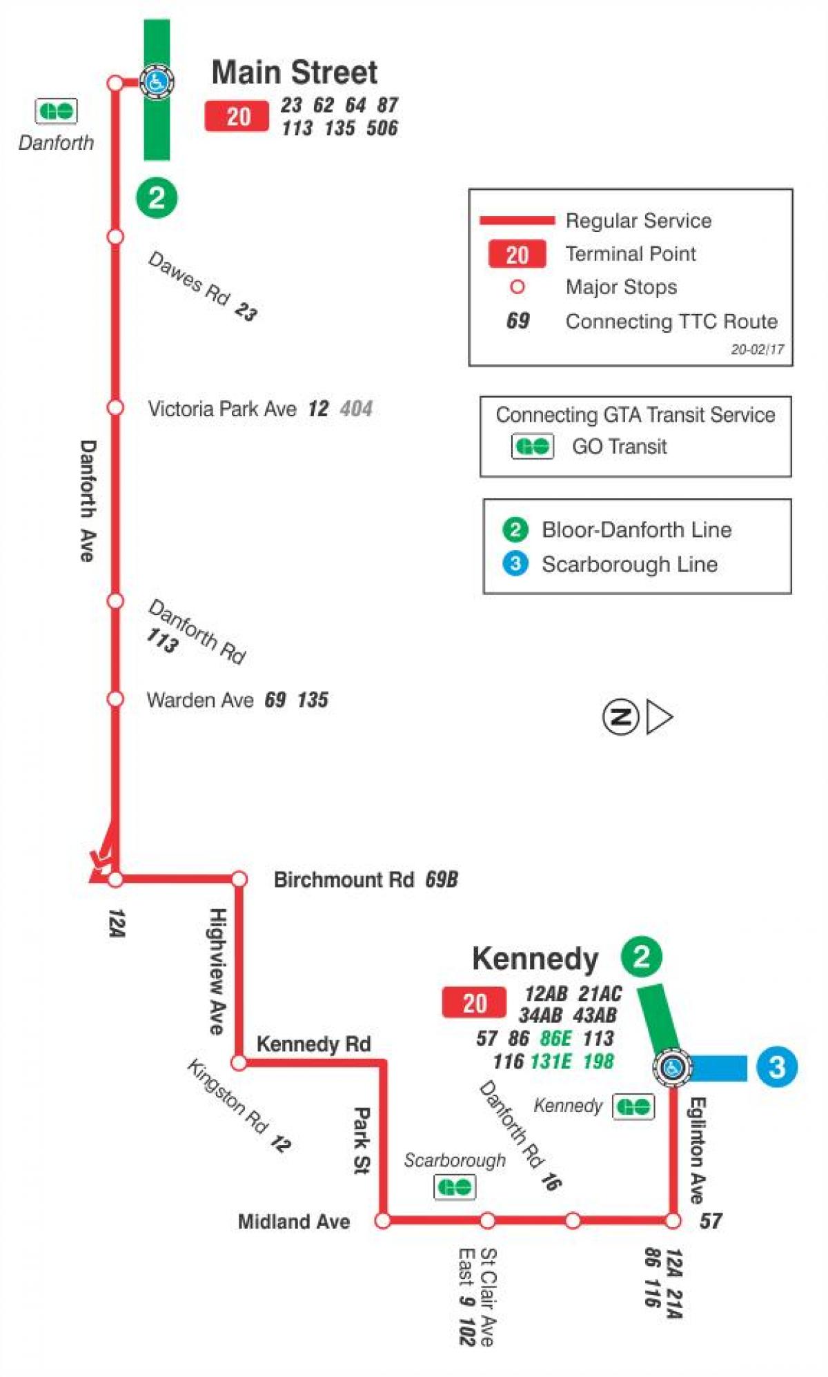 Mapa ng TTC 20 Cliffside ruta ng bus Toronto