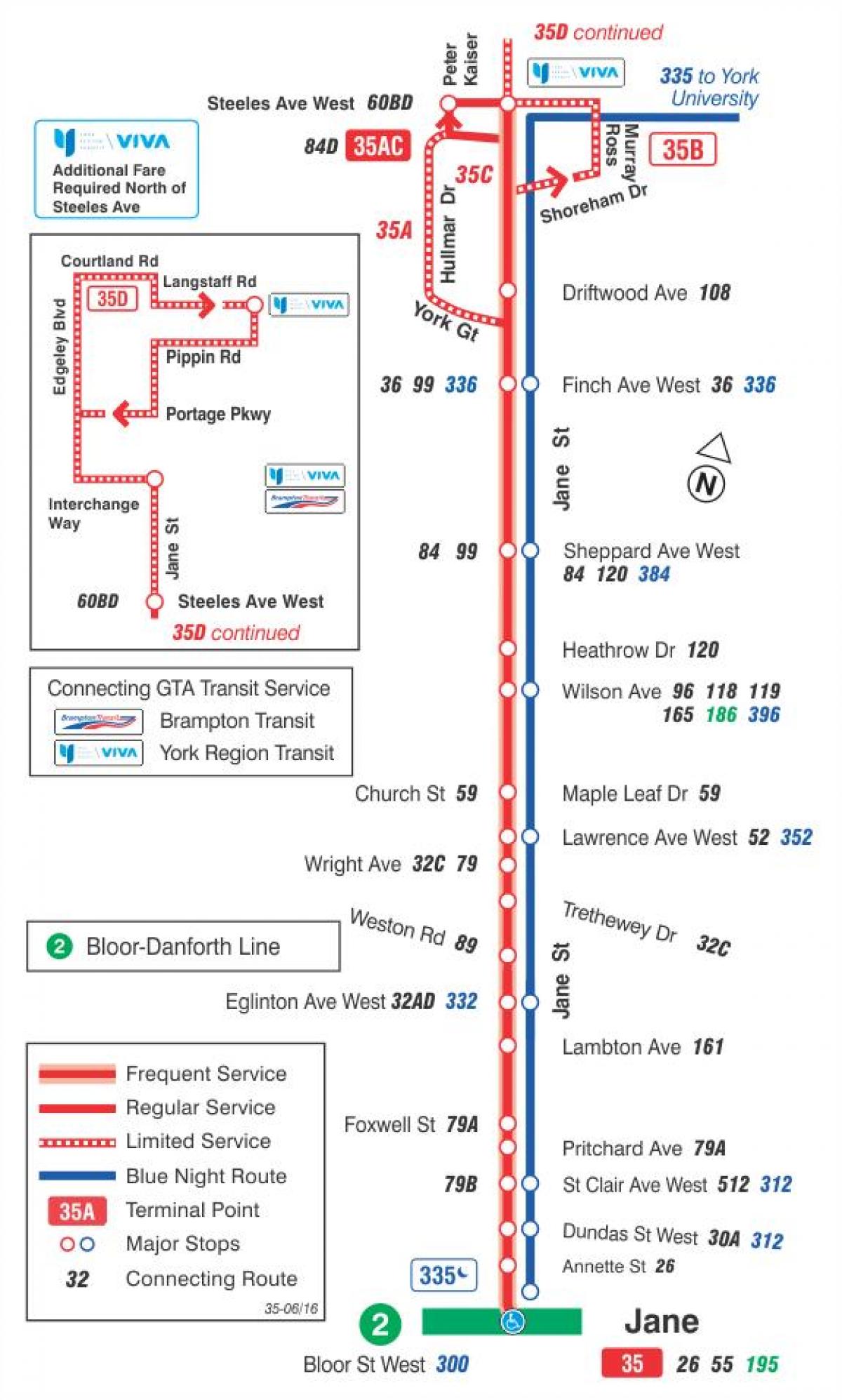 Mapa ng TTC 35 Jane ruta ng bus Toronto
