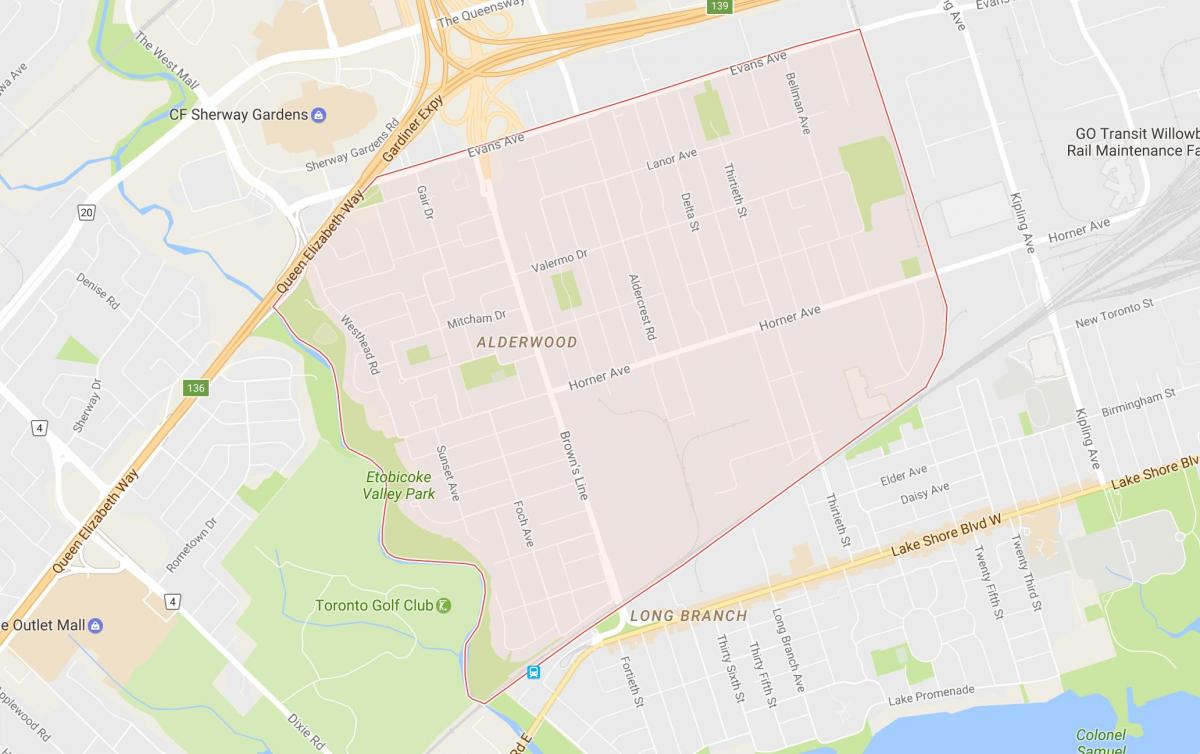 Mapa ng Alderwood Parkview kapitbahayan Toronto