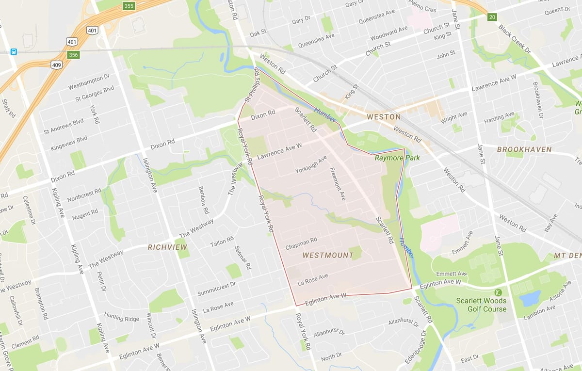 Mapa ng Humber Taas – Westmount kapitbahayan Toronto