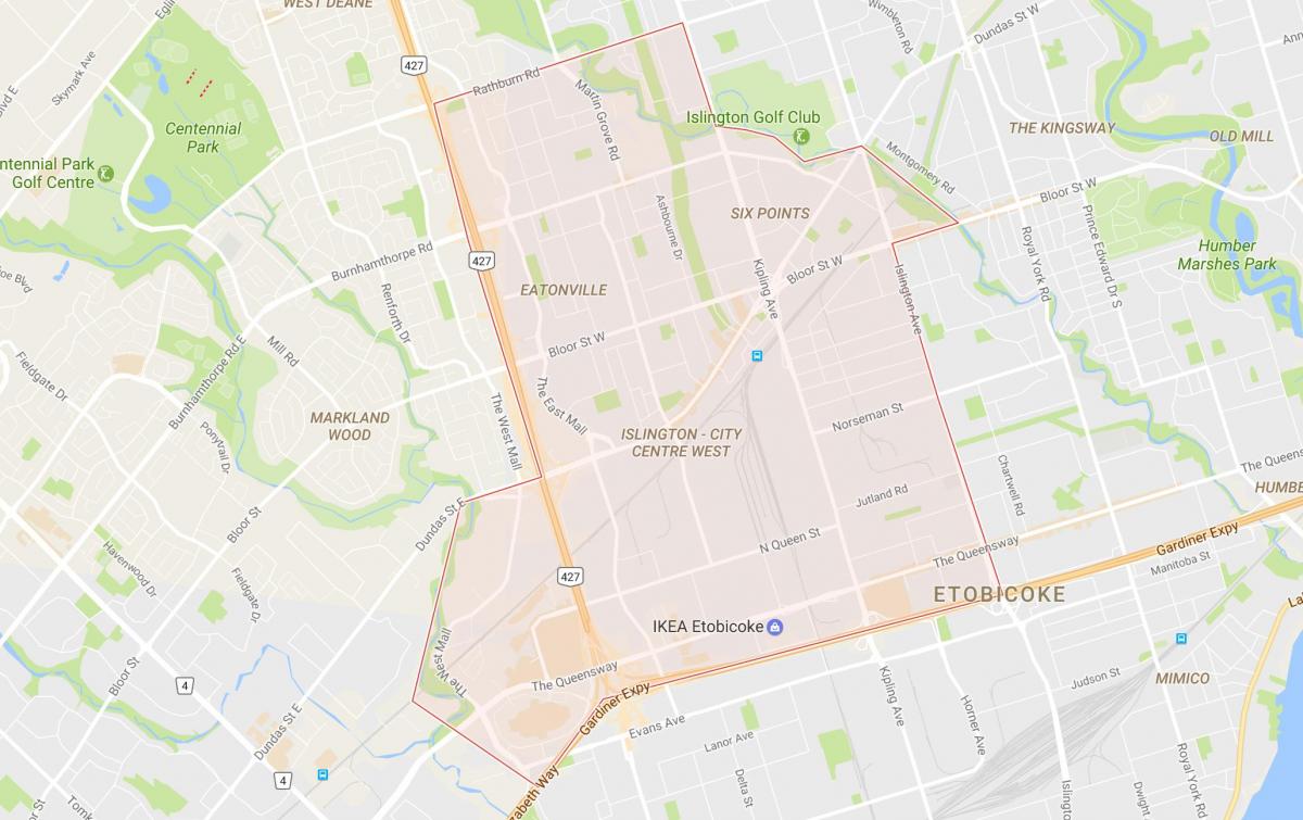 Mapa ng Islington-Sentro ng Lungsod ng West kapitbahayan Toronto