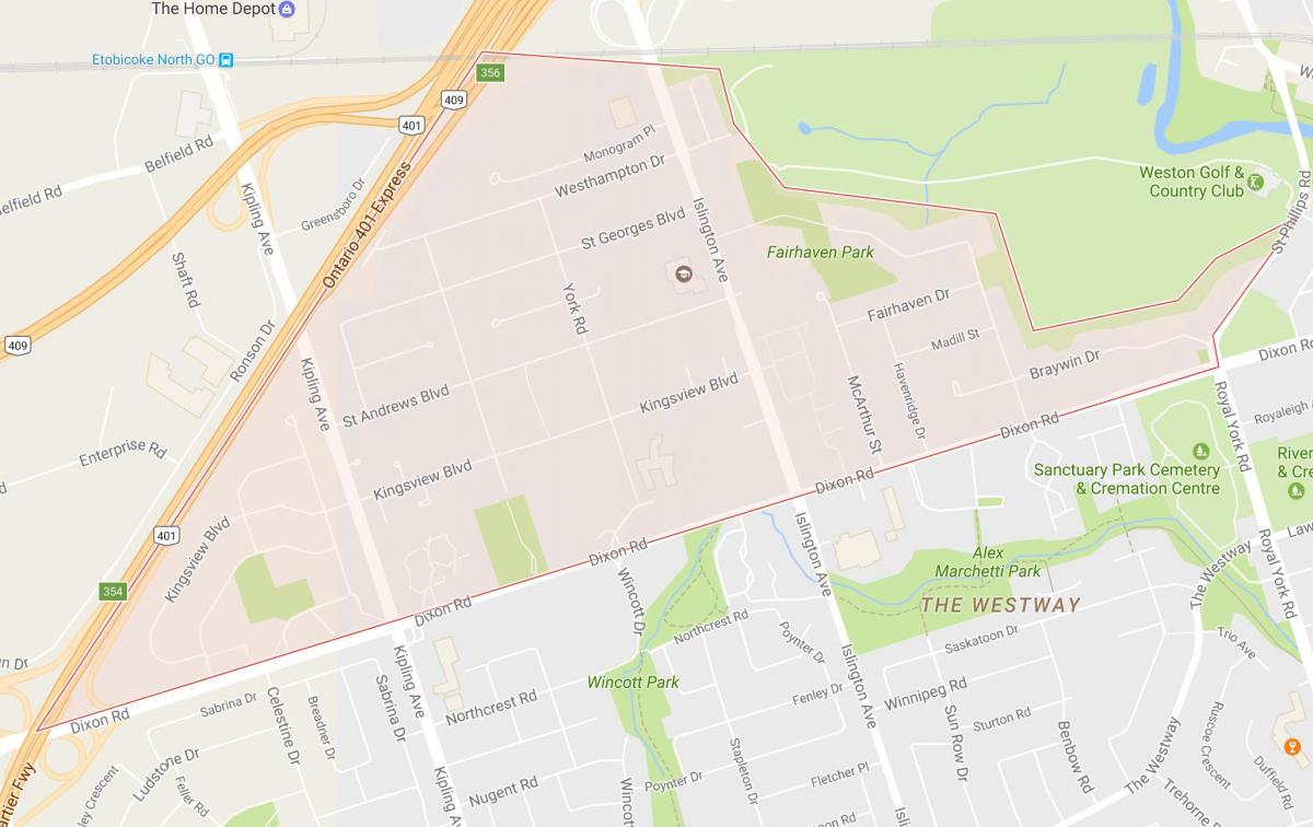 Mapa ng Kingsview Village kapitbahayan Toronto