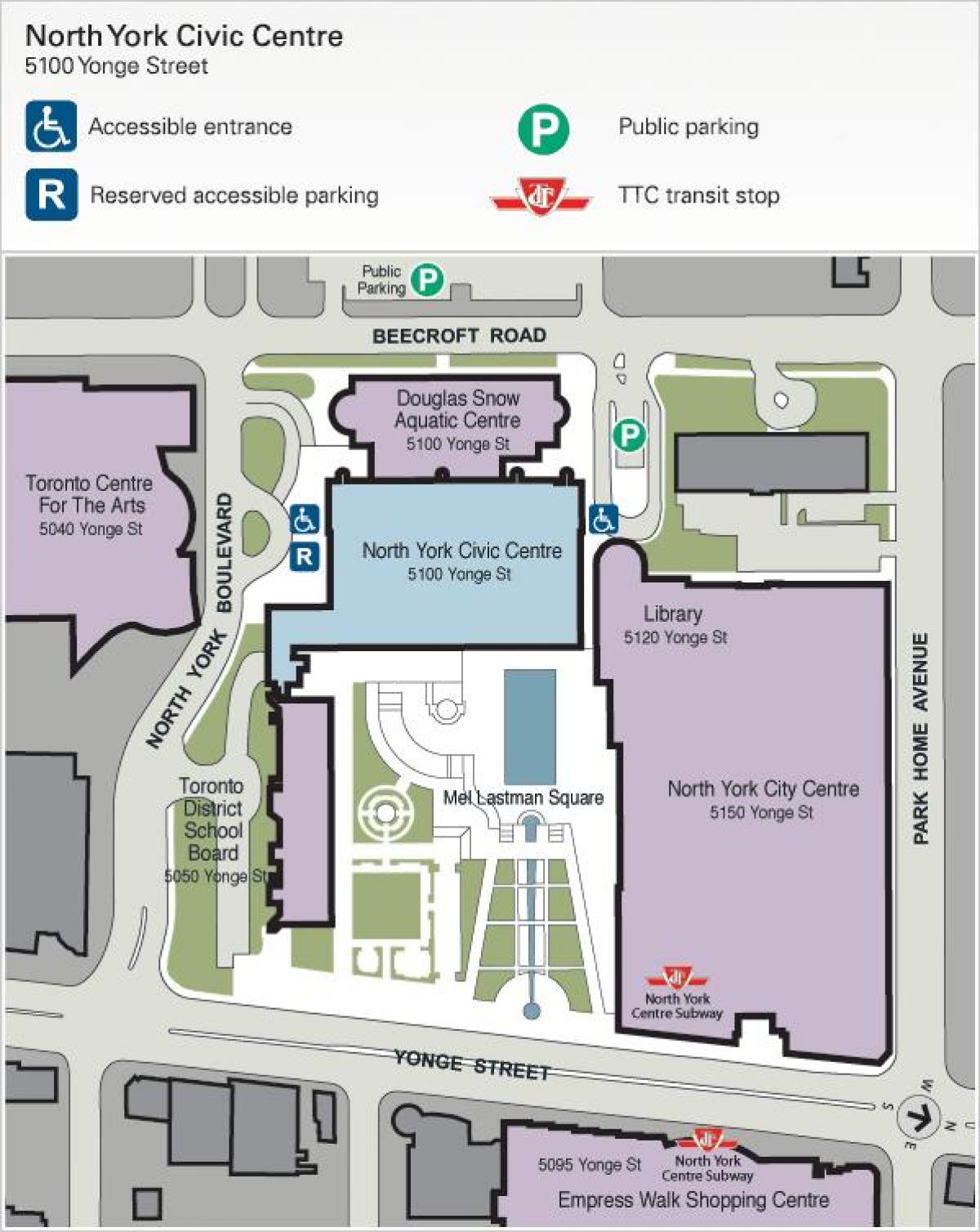Mapa ng Toronto Centre para sa mga Sining ng paradahan