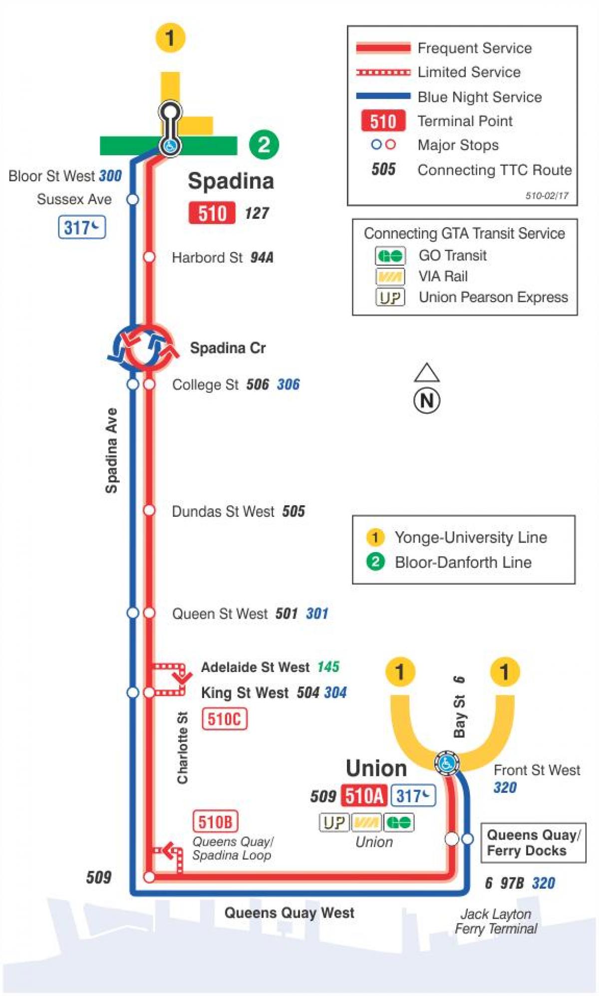 Mapa ng trambya line 510 Spadina