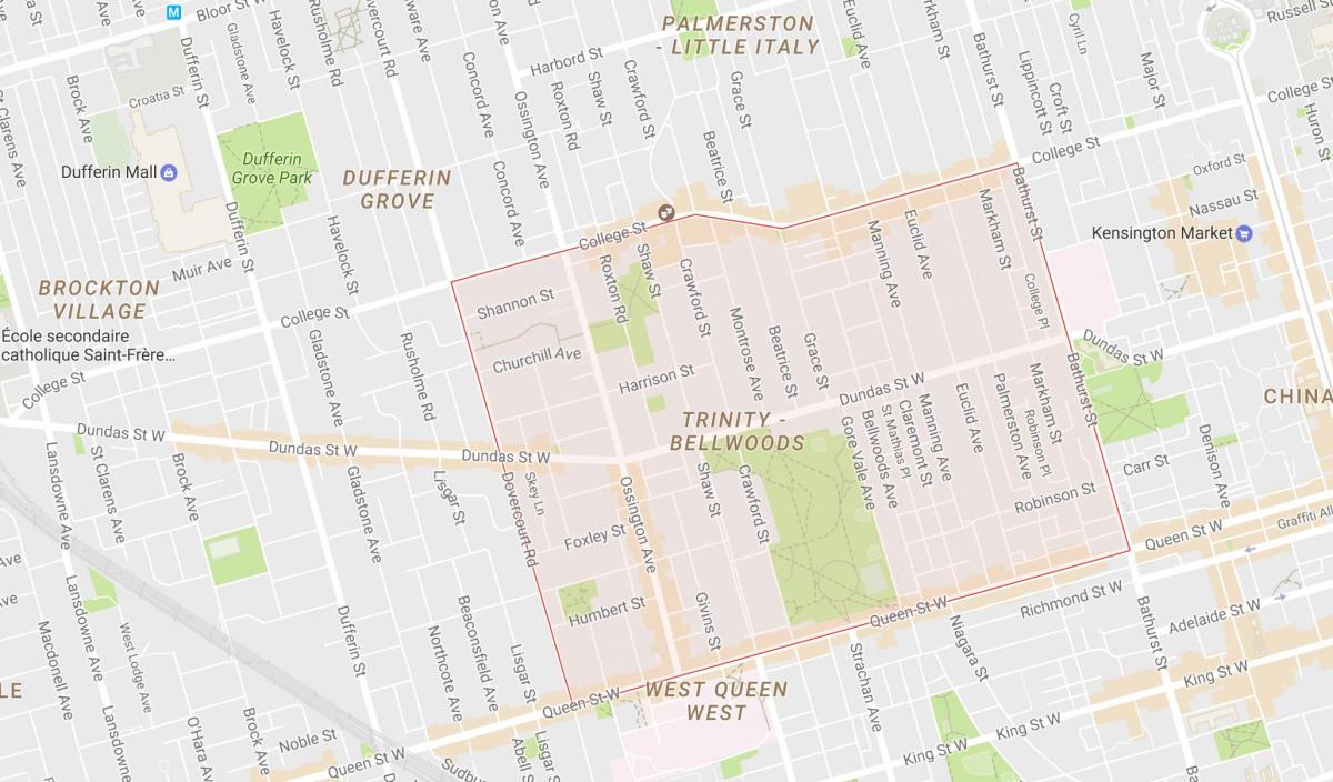 Mapa ng Trinity–Bellwoods kapitbahayan Toronto
