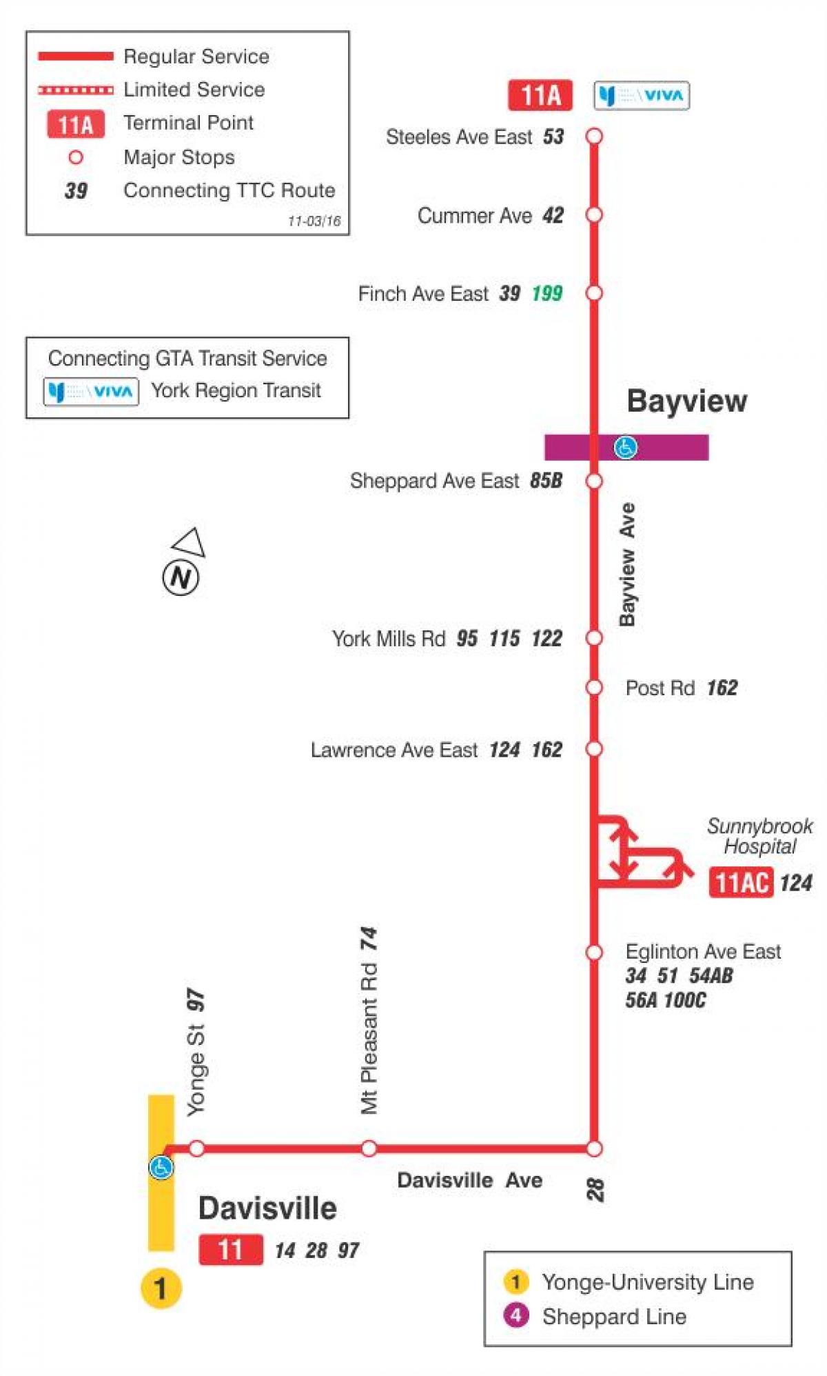 Mapa ng TTC 11 Bayview ruta ng bus Toronto