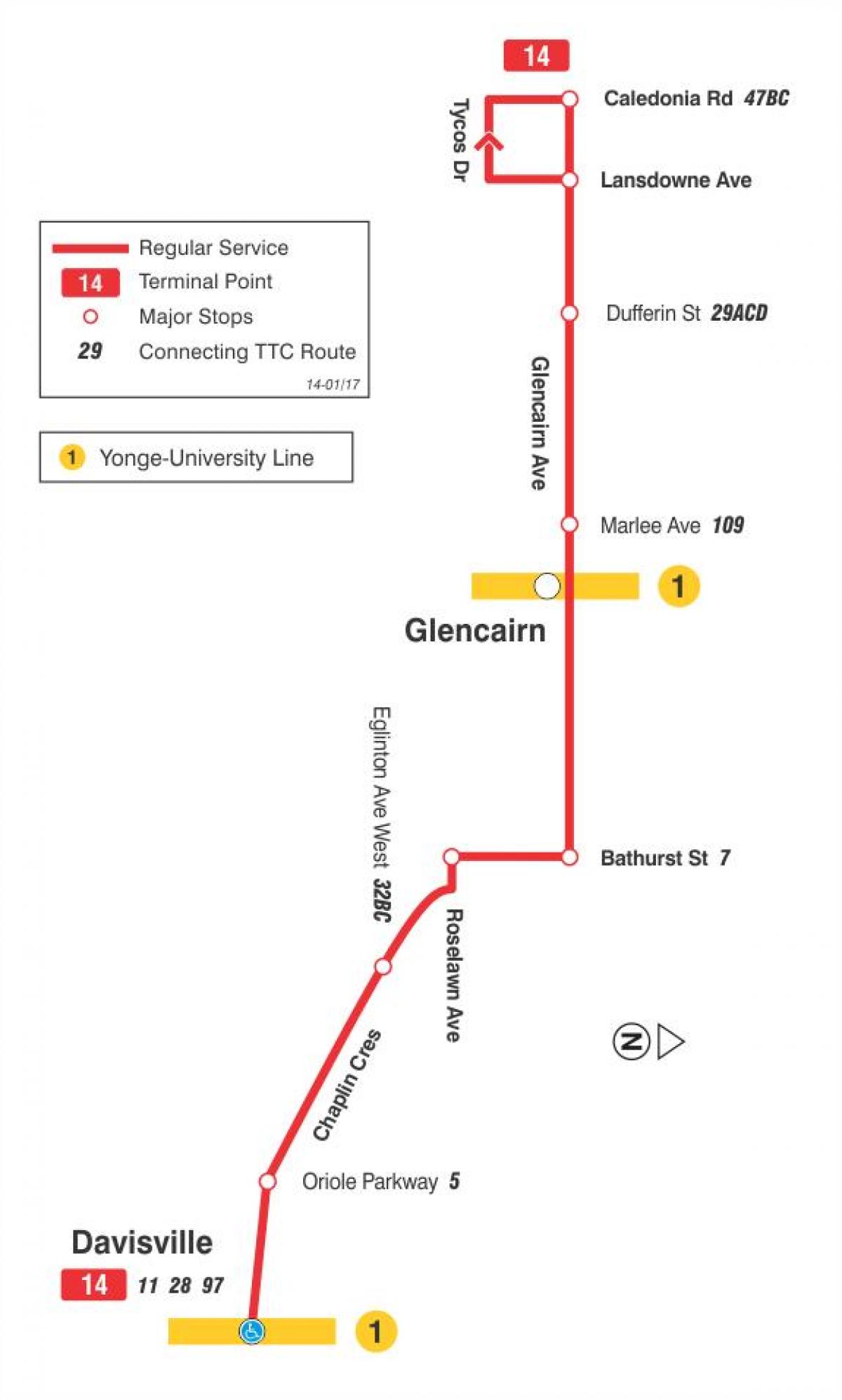 Mapa ng TTC 14 Glencairn ruta ng bus Toronto