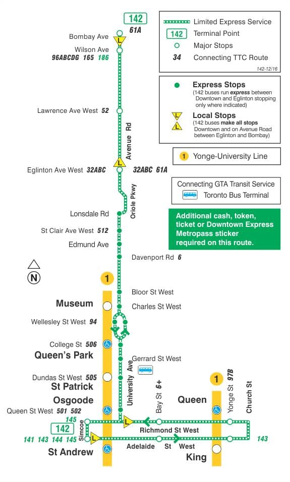 Mapa ng TTC 142 Bayan / Avenue Rd Express bus ruta Toronto