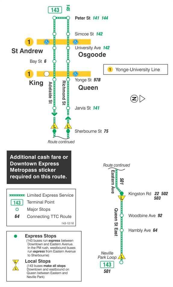 Mapa ng TTC 143 Bayan / Beach Express bus ruta Toronto