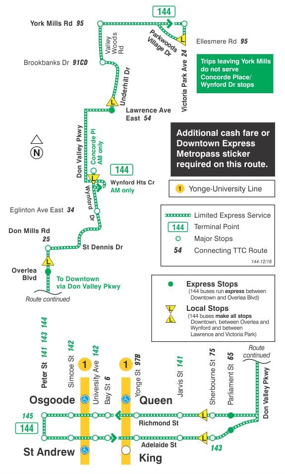 Mapa ng TTC 144 Bayan / Hindi Valley Express bus ruta Toronto