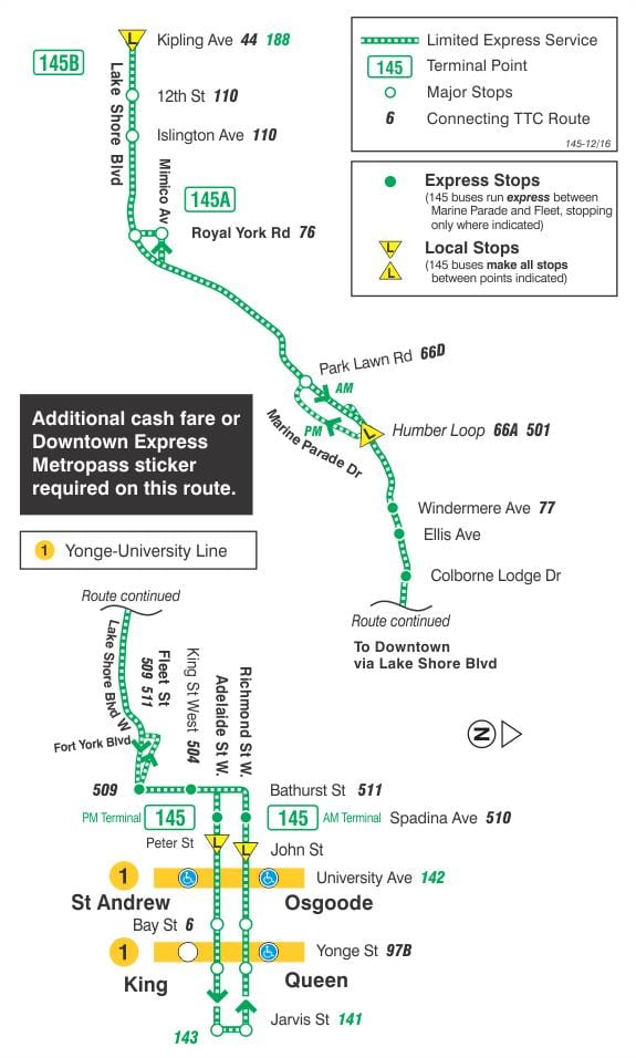 Mapa ng TTC 145 Bayan / Humber Bay Express bus ruta Toronto
