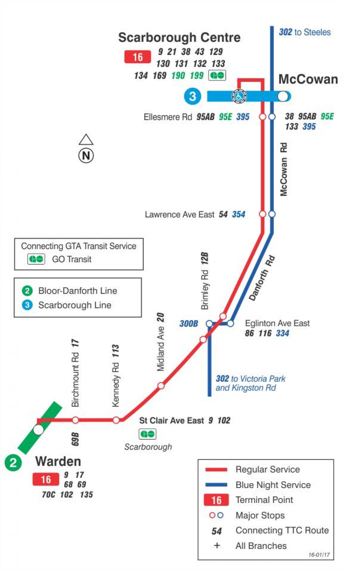 Mapa ng TTC 16 McCowan ruta ng bus Toronto