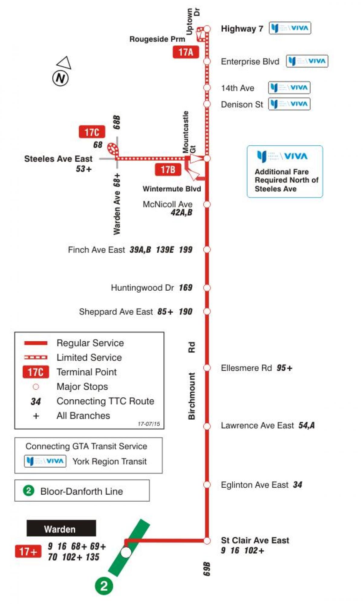 Mapa ng TTC 17 Birchmount ruta ng bus Toronto