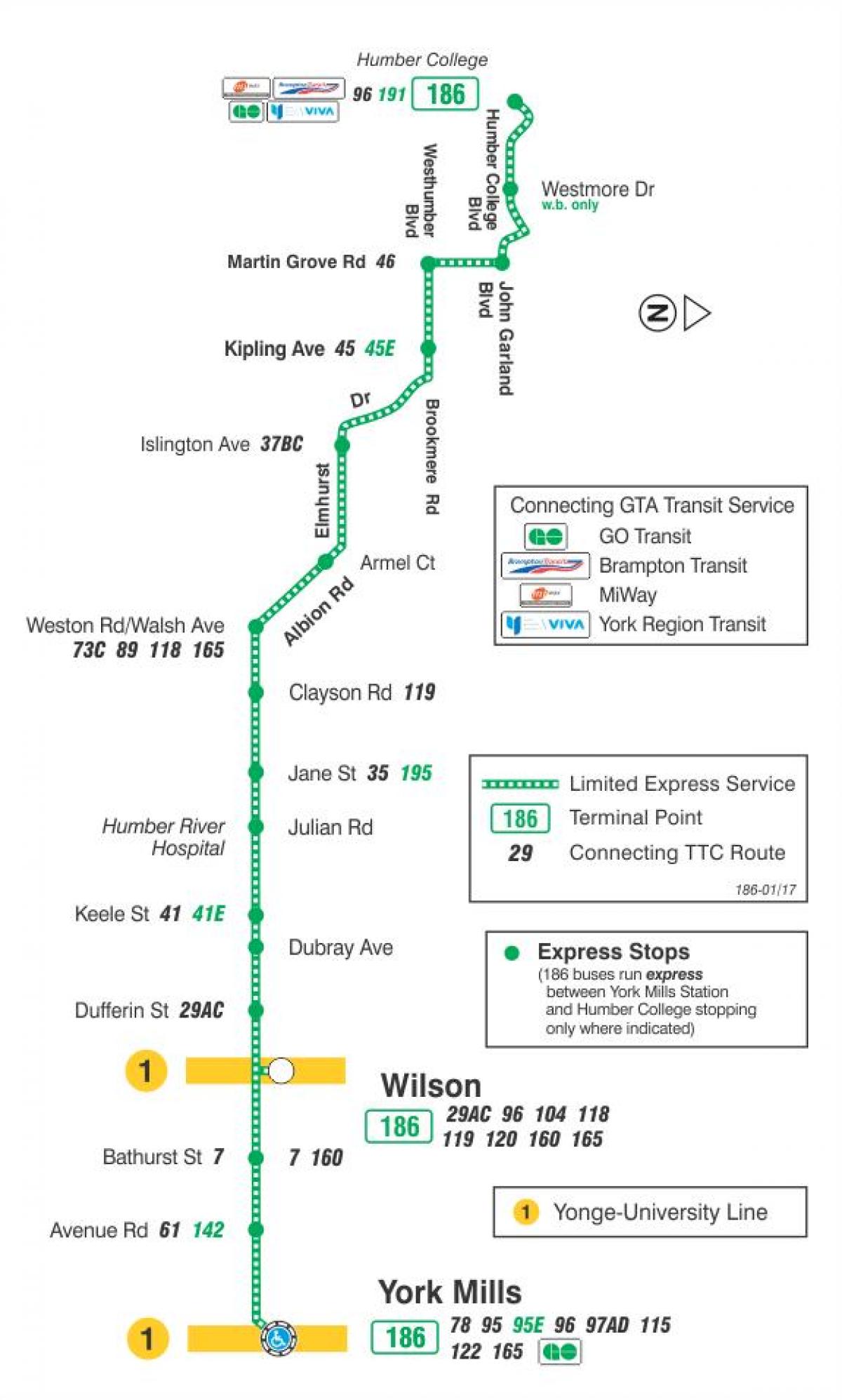 Mapa ng TTC 186 Wilson Rocket ruta ng bus Toronto