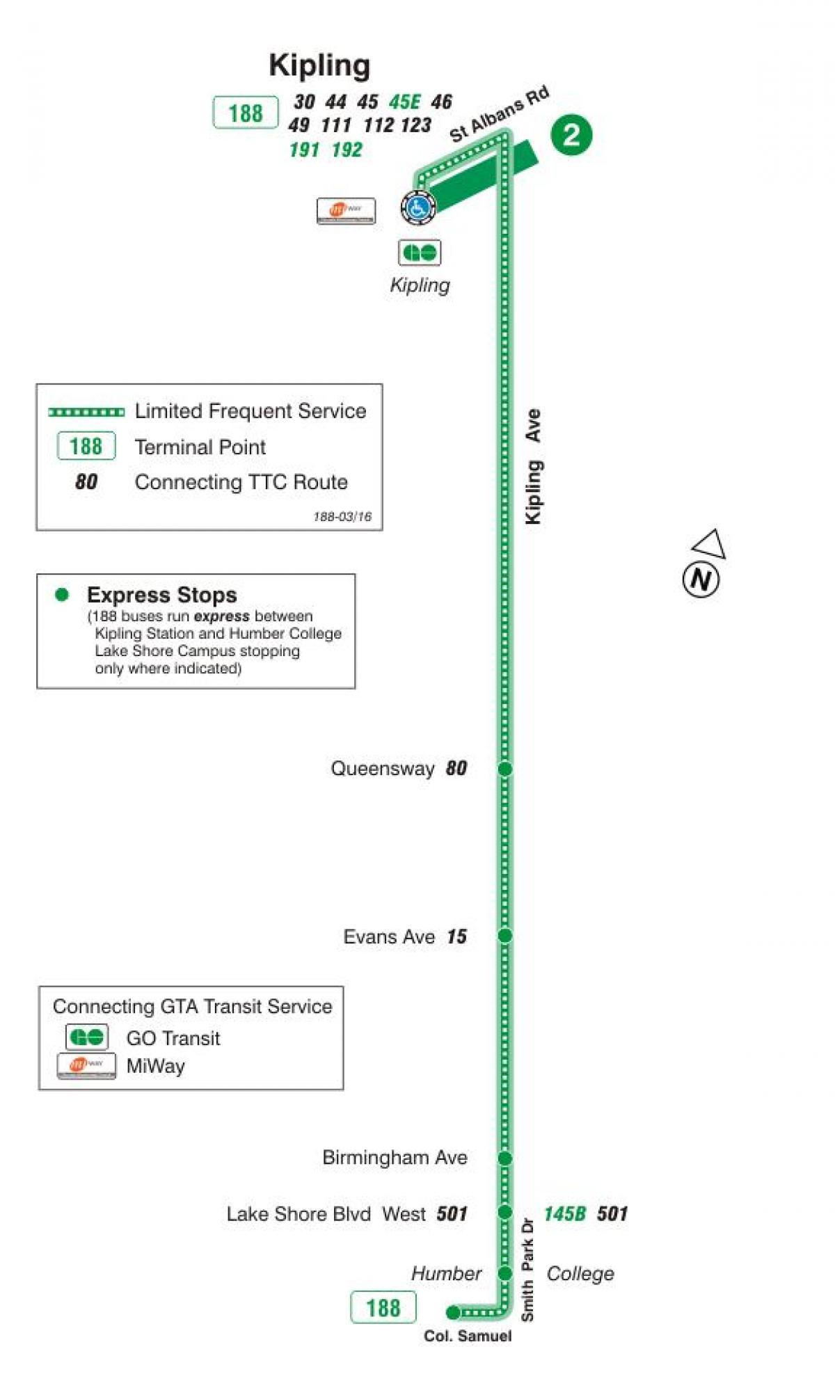 Mapa ng TTC 188 Kipling South Rocket ruta ng bus Toronto