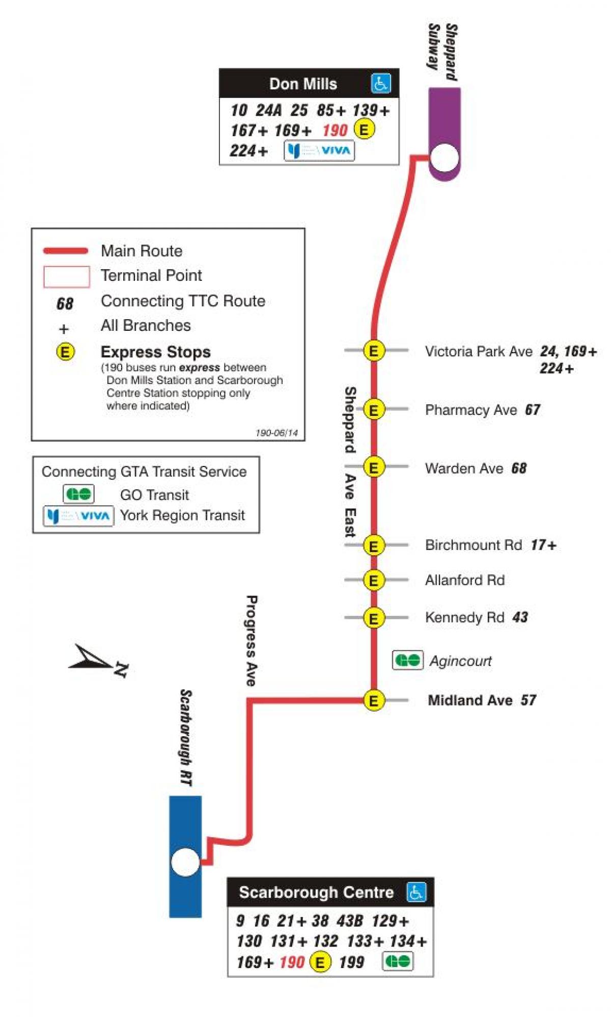 Mapa ng TTC 190 Scarborough Centre Rocket ruta ng bus Toronto