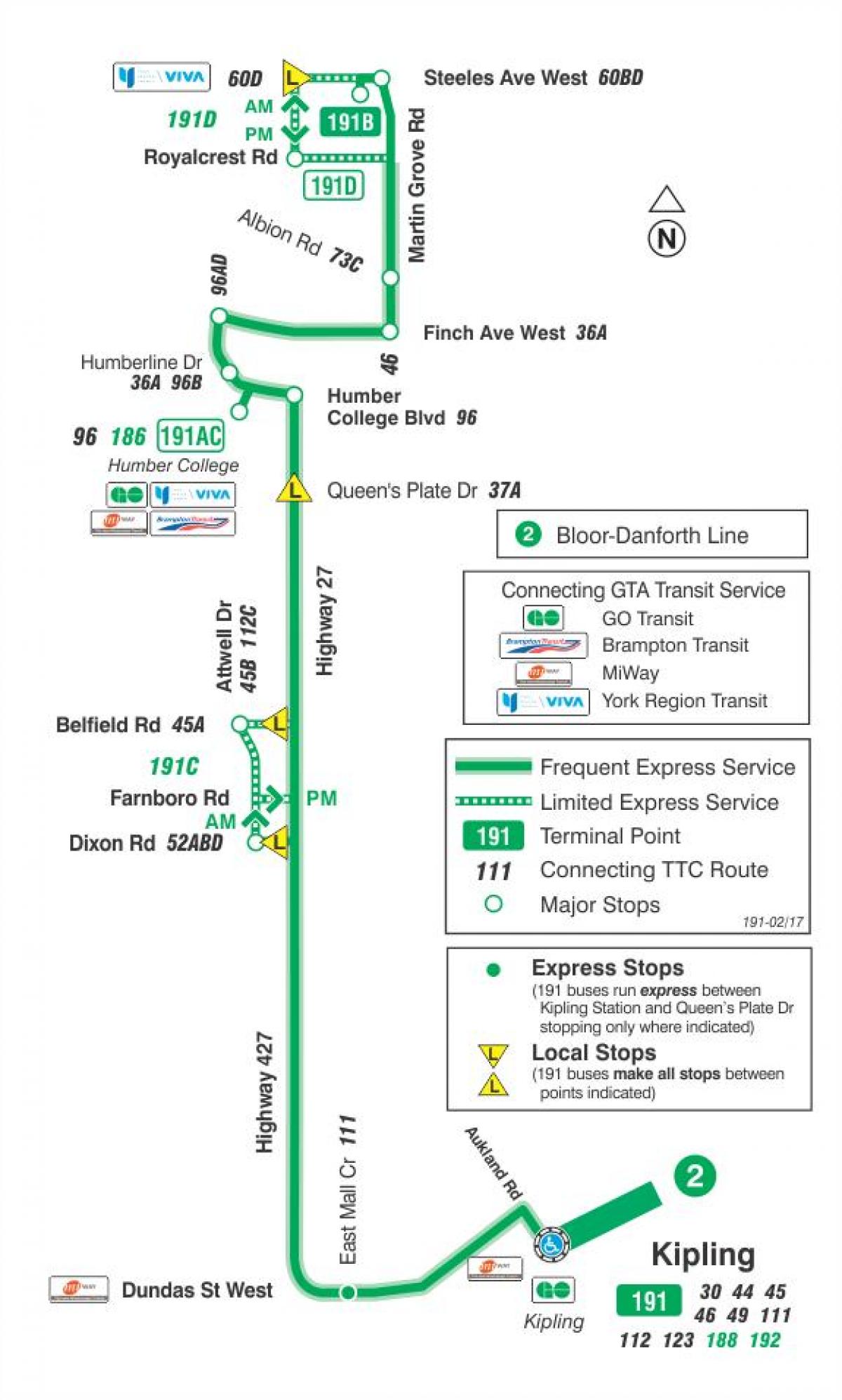 Mapa ng TTC 191 Highway 27 Rocket ruta ng bus Toronto