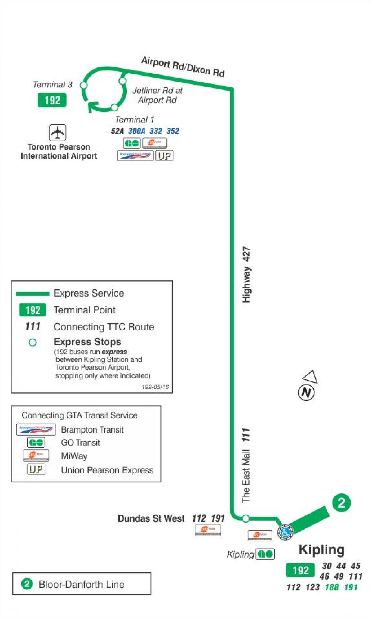 Mapa ng TTC 192 Airport Rocket ruta ng bus Toronto