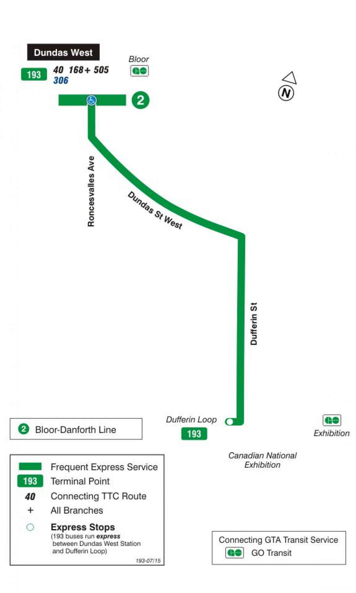 Mapa ng TTC 193 Exhibition Rocket ruta ng bus Toronto