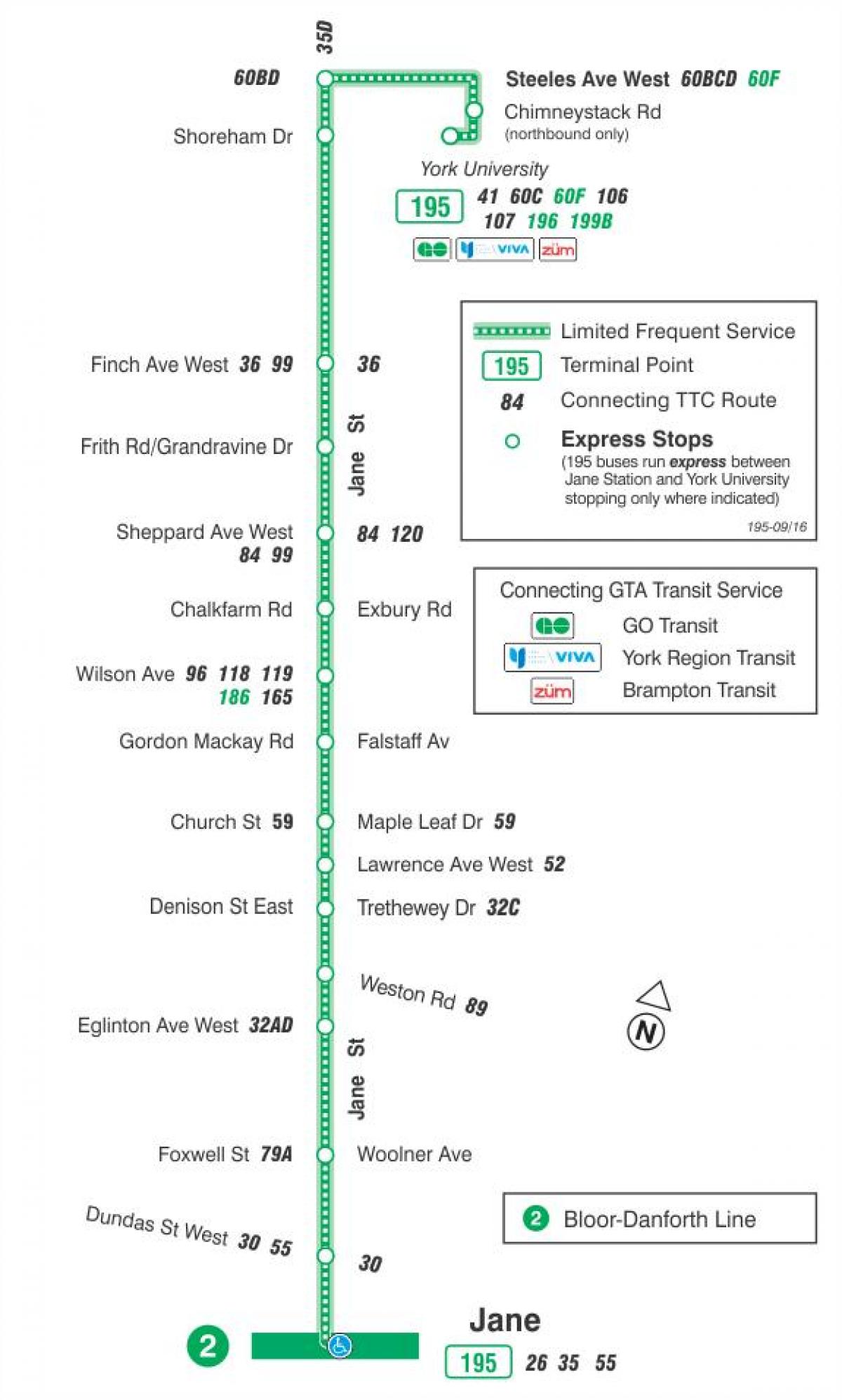 Mapa ng TTC 195 Jane Rocket ruta ng bus Toronto