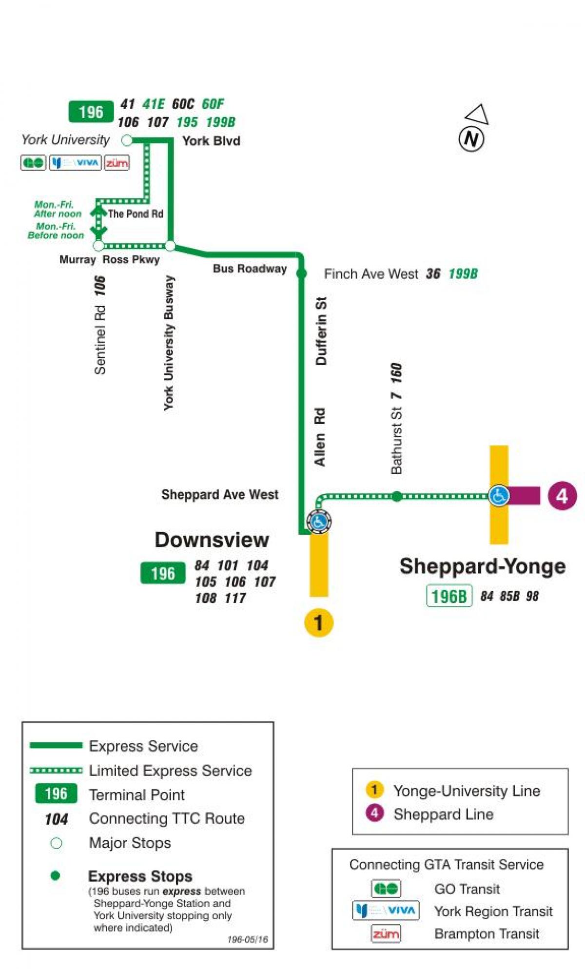 Mapa ng TTC 196 York University Rocket ruta ng bus Toronto