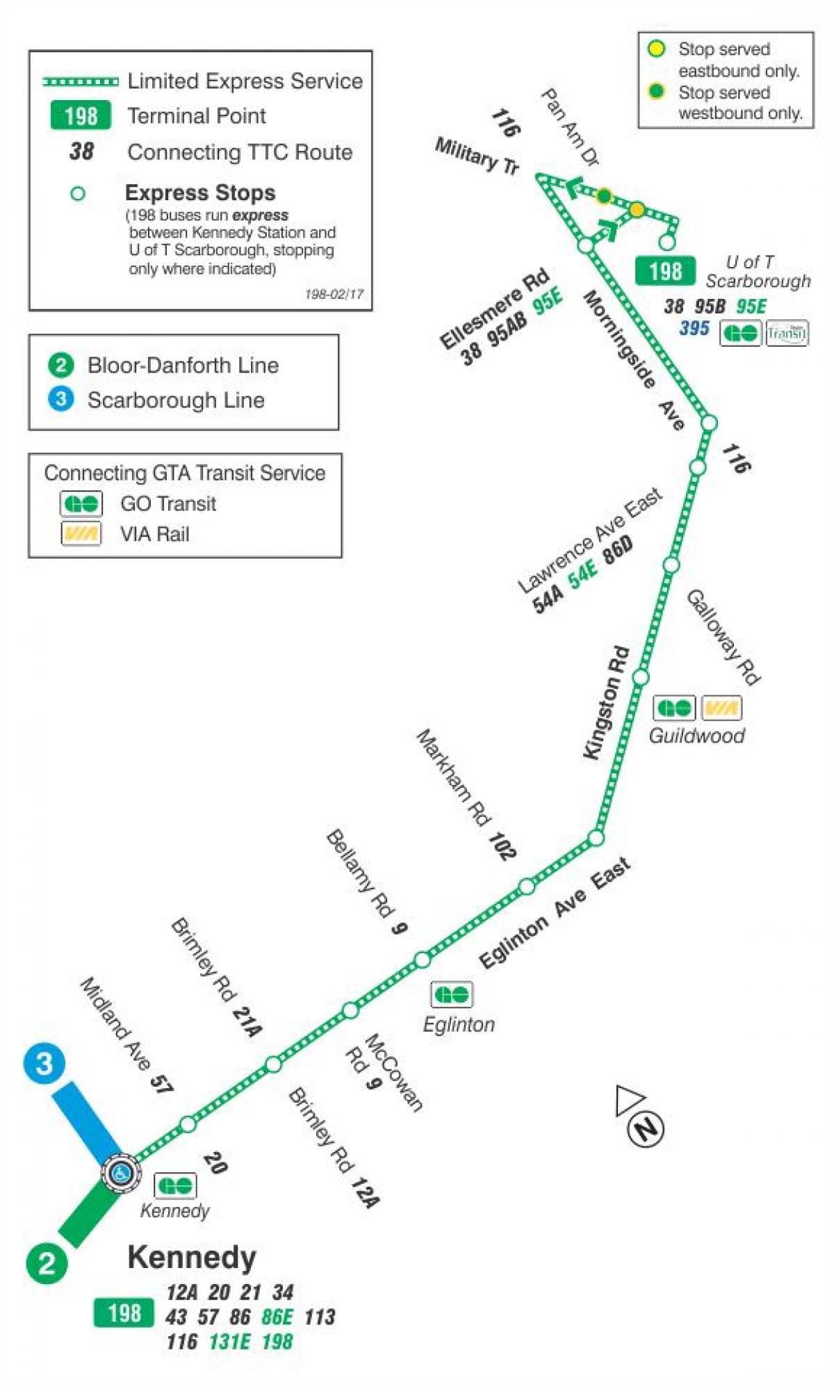 Mapa ng TTC 198 U ng T Scarborough Rocket ruta ng bus Toronto