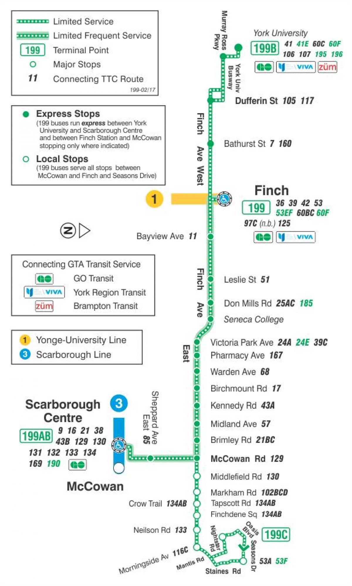 Mapa ng TTC 199 Finch Rocket ruta ng bus Toronto