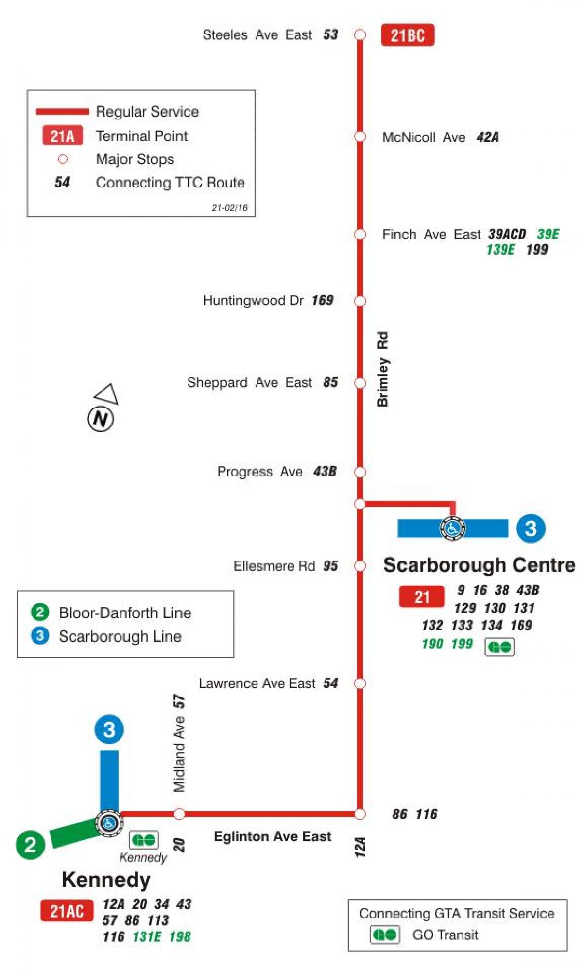 Mapa ng TTC 21 Brimley ruta ng bus Toronto