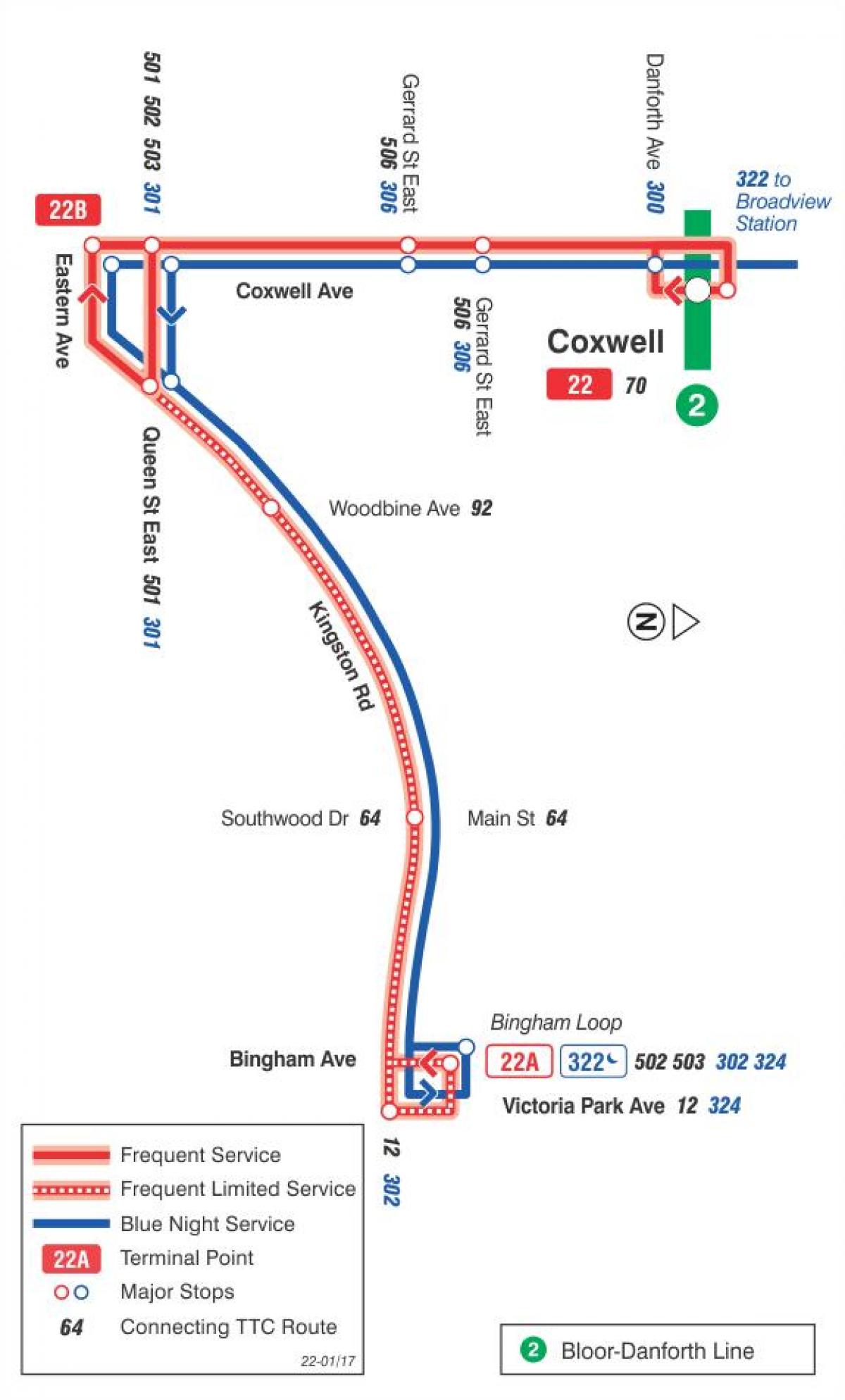Mapa ng TTC 22 Coxwell ruta ng bus Toronto