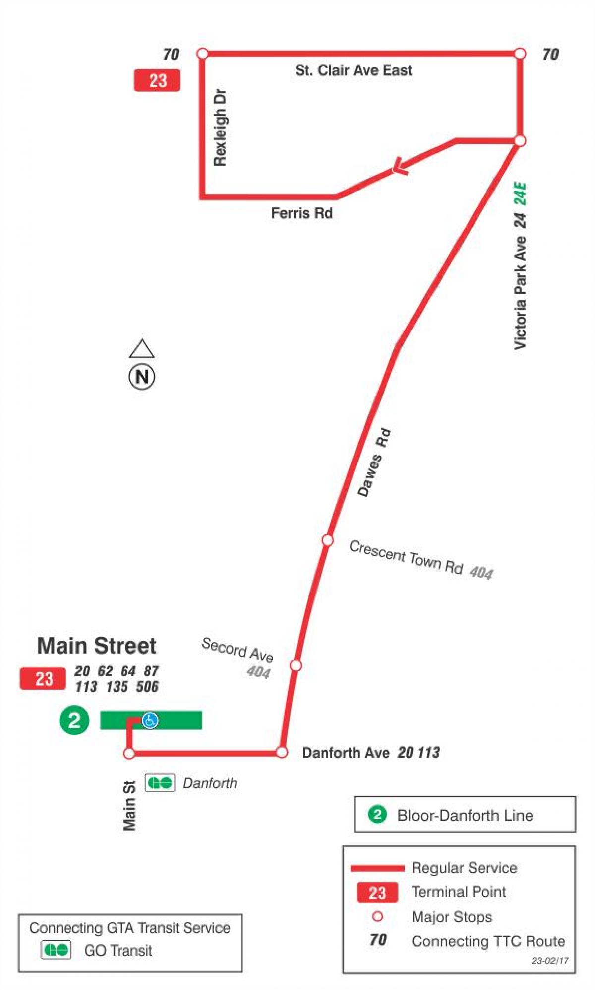 Mapa ng TTC 23 Dawes ruta ng bus Toronto
