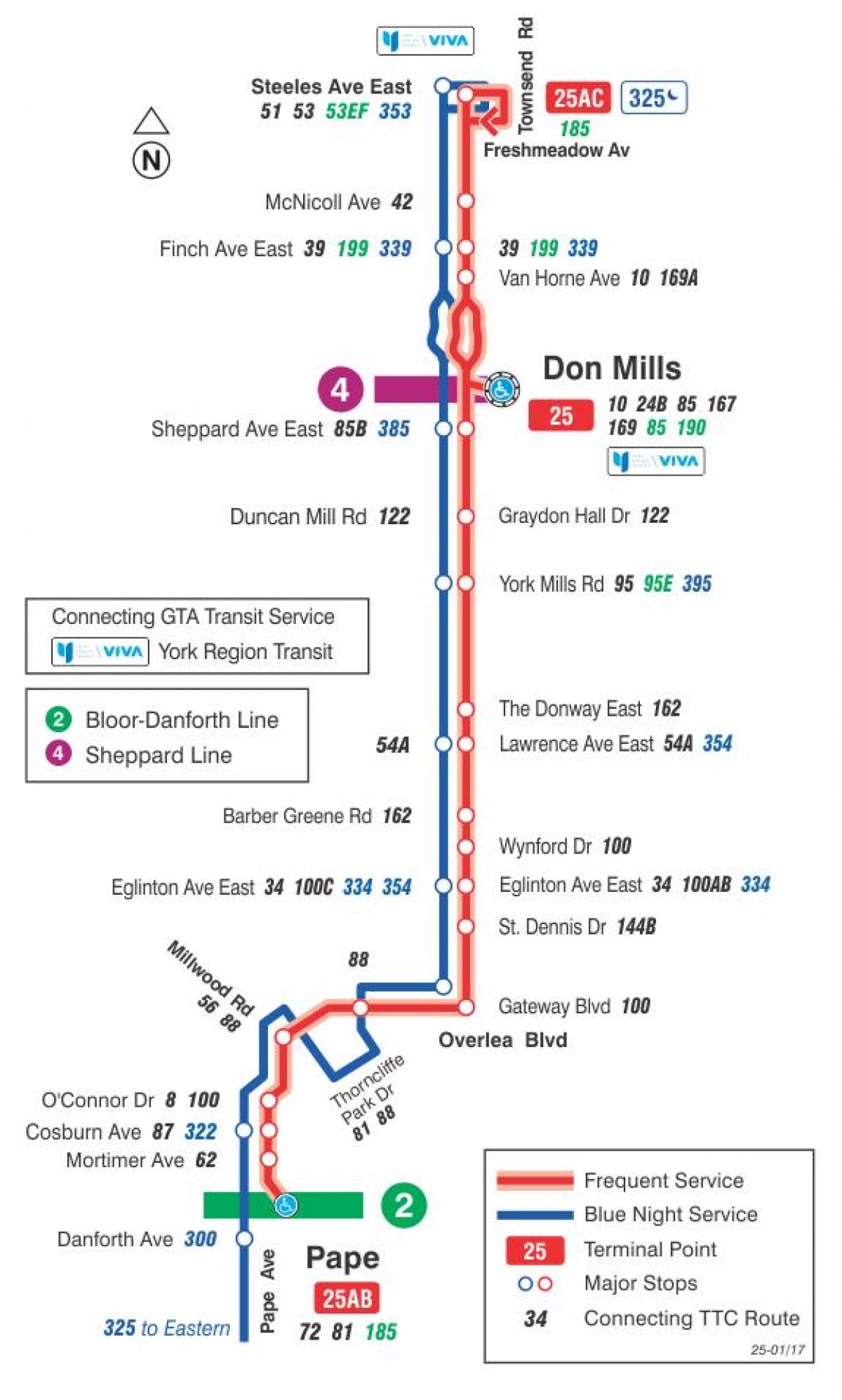 Mapa ng TTC 25 Don Mills ruta ng bus Toronto