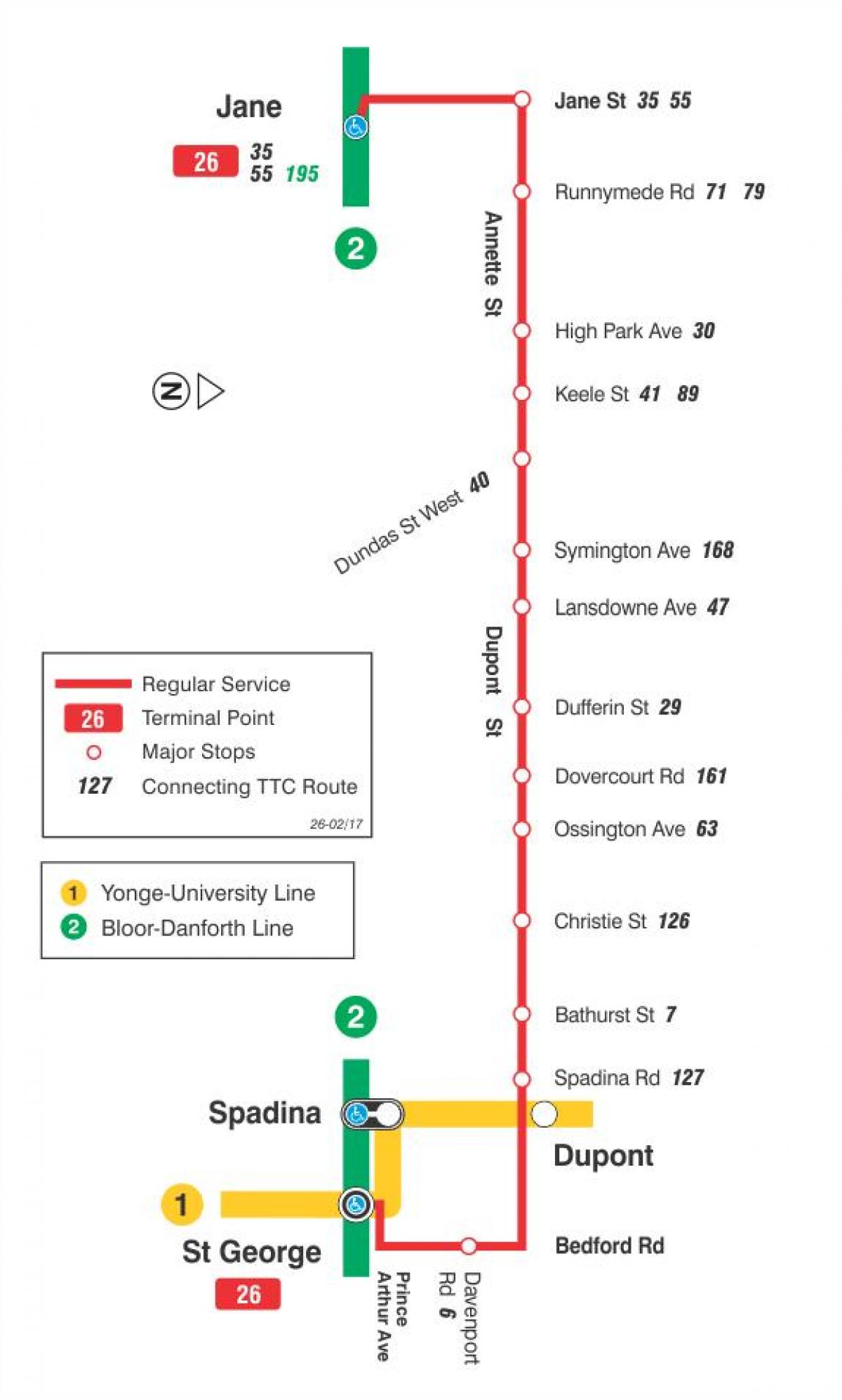 Mapa ng TTC 26 Dupont ruta ng bus Toronto
