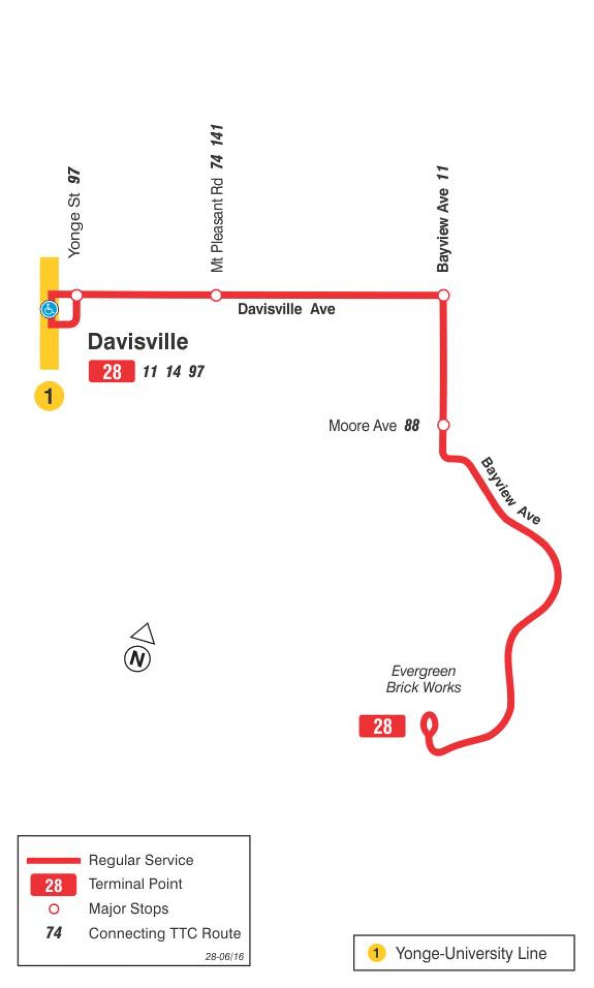 Mapa ng TTC 28 Bayview Timog ruta ng bus Toronto