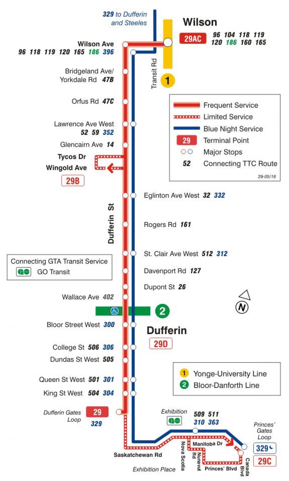 Mapa ng TTC 29 Dufferin ruta ng bus Toronto