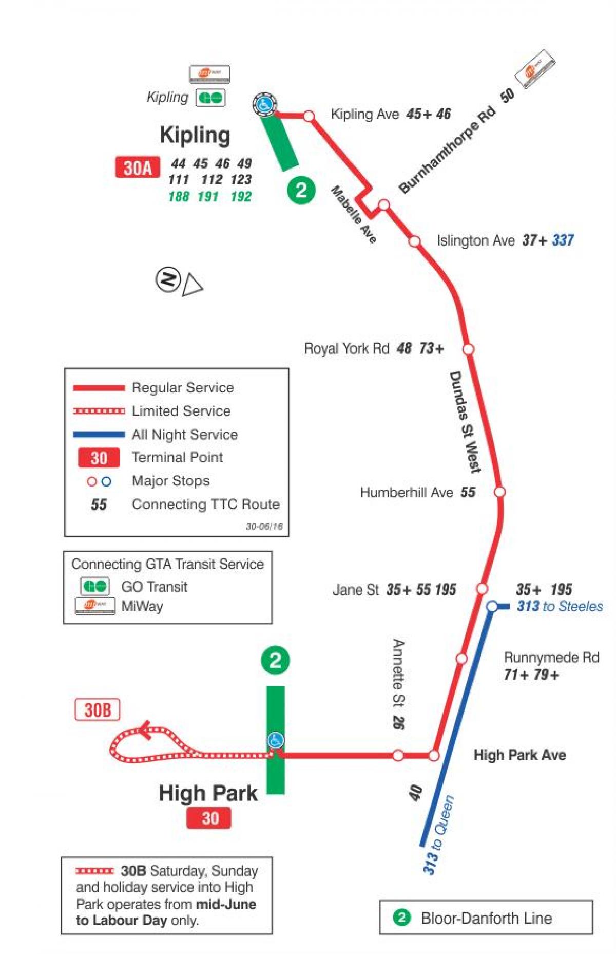 Mapa ng TTC 30 Lambton ruta ng bus Toronto
