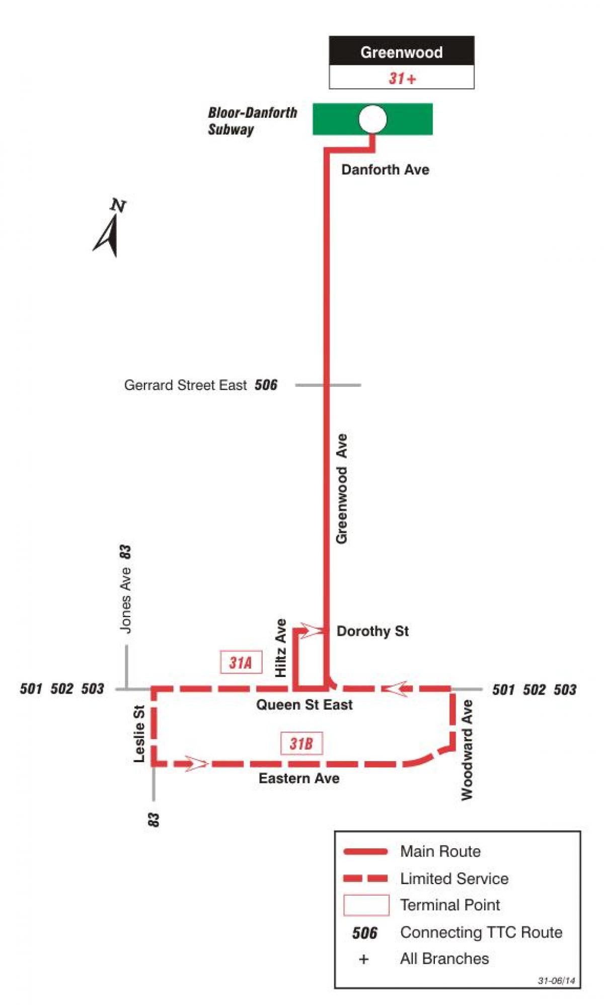 Mapa ng TTC 31 Greenwood ruta ng bus Toronto