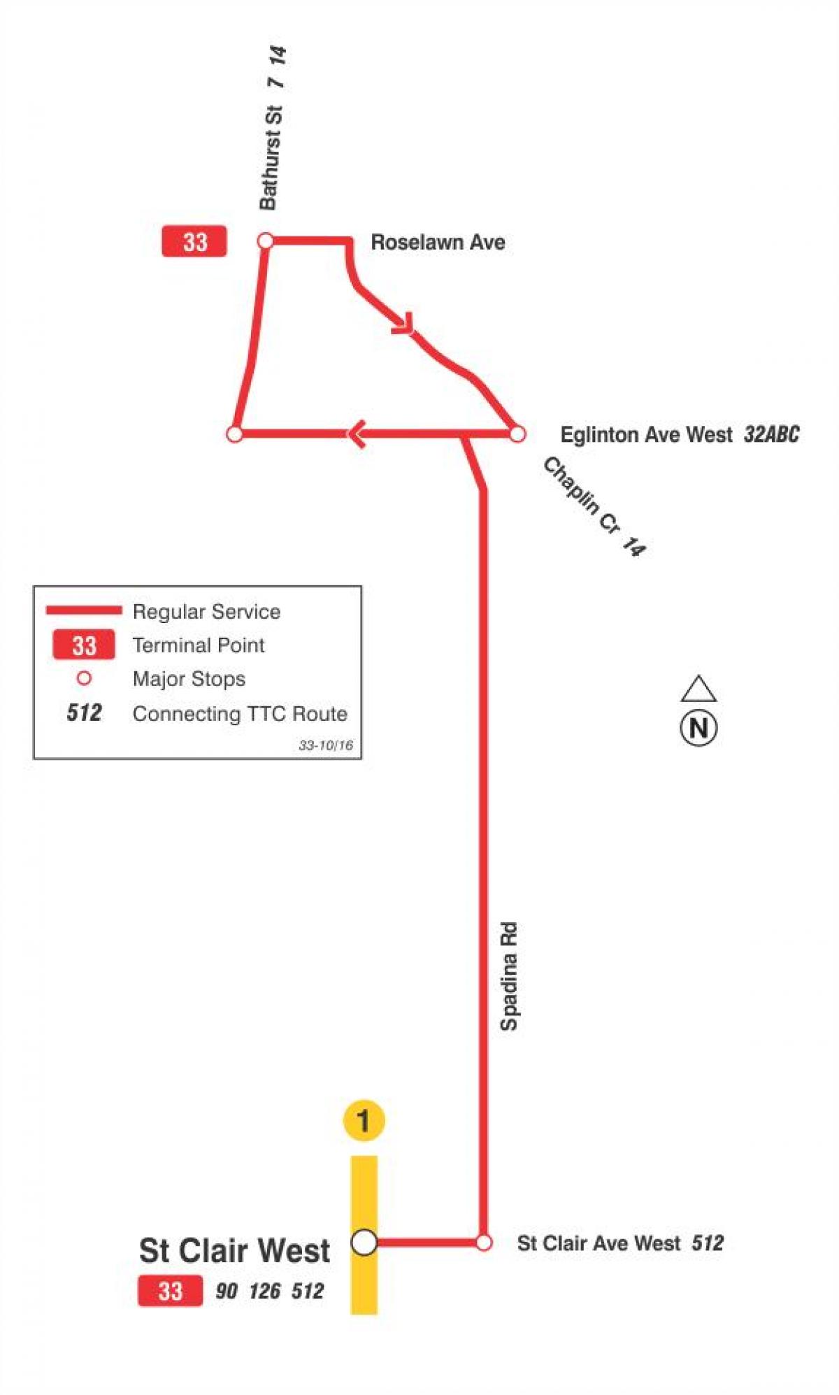 Mapa ng TTC 33 Forest Hill ruta ng bus Toronto