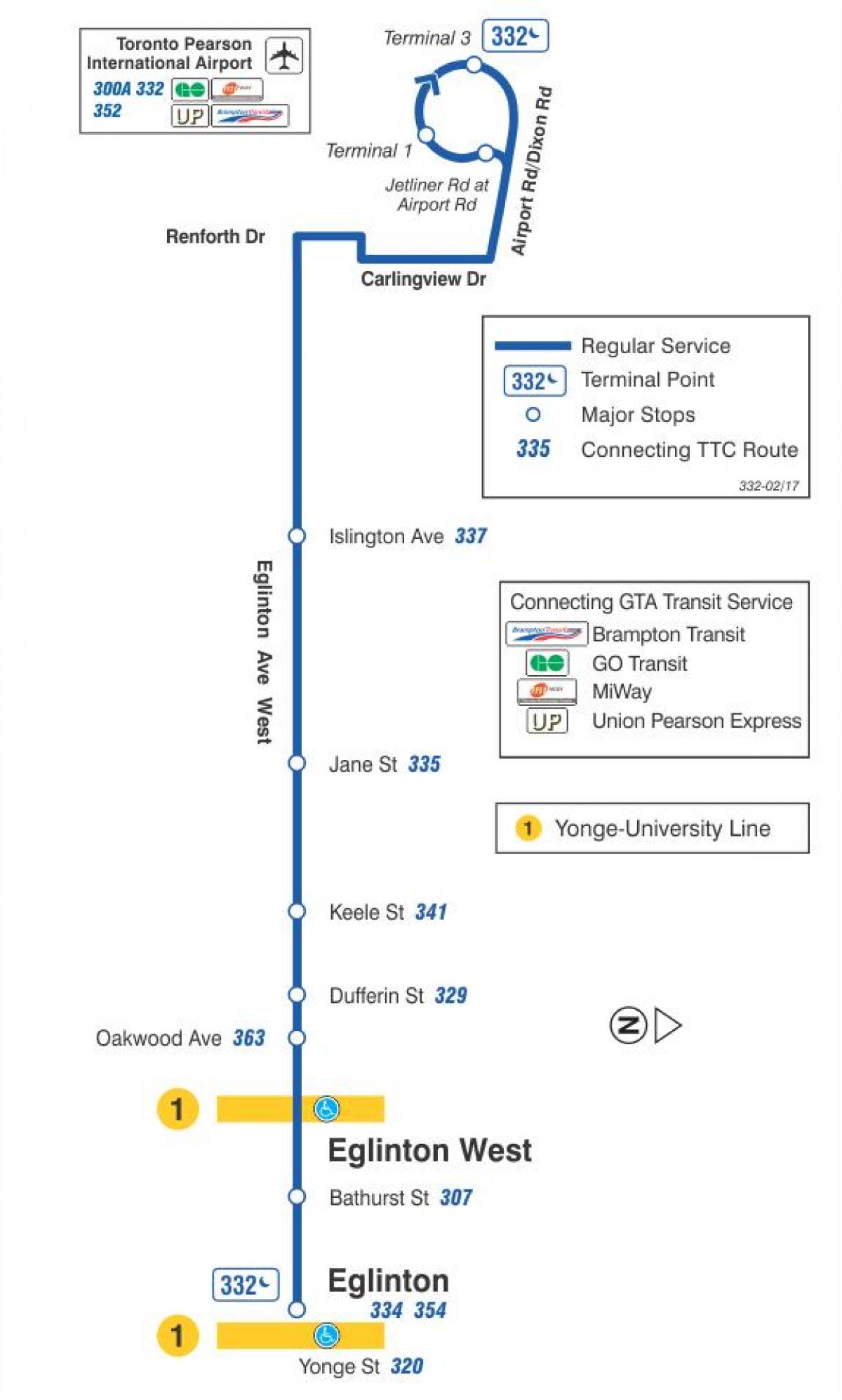 Mapa ng TTC 332 Eglinton Kanluran ruta ng bus Toronto