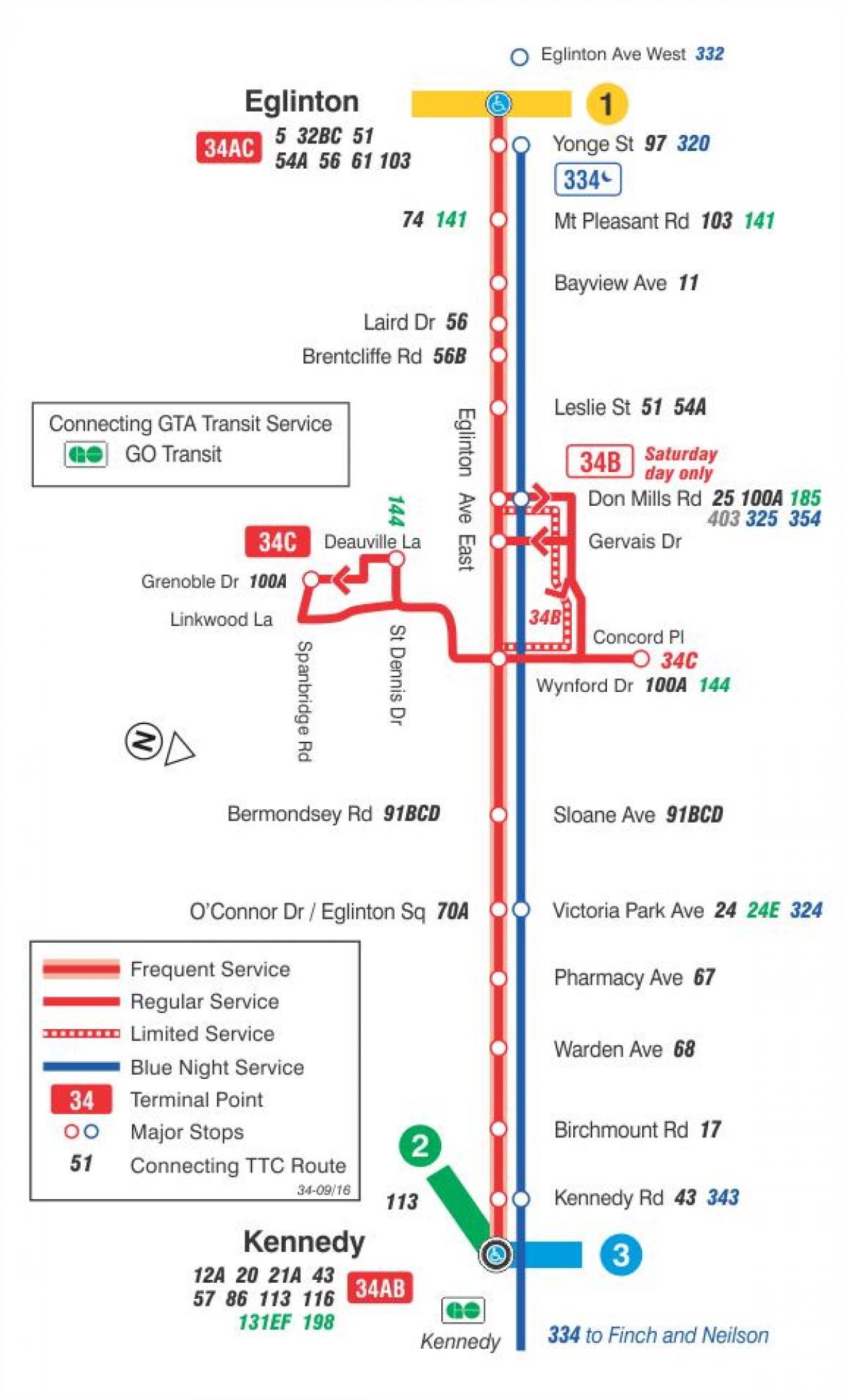 Mapa ng TTC 34 Eglinton Silangan ruta ng bus Toronto