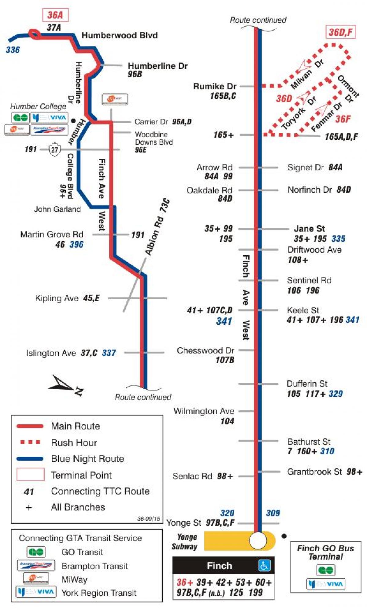Mapa ng TTC 36 Finch Kanluran ruta ng bus Toronto