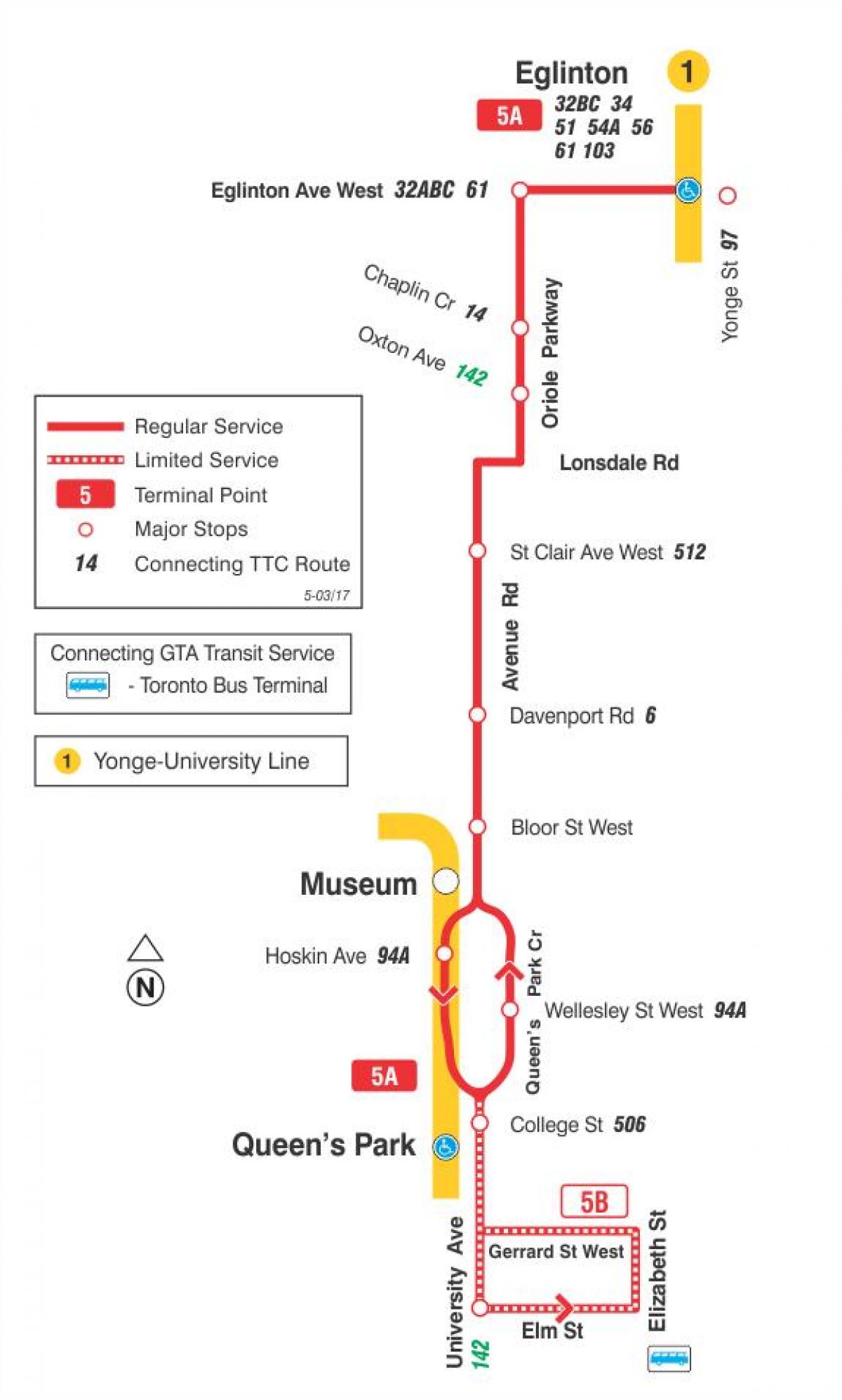Mapa ng TTC 5 Avenue Rd ruta ng bus Toronto