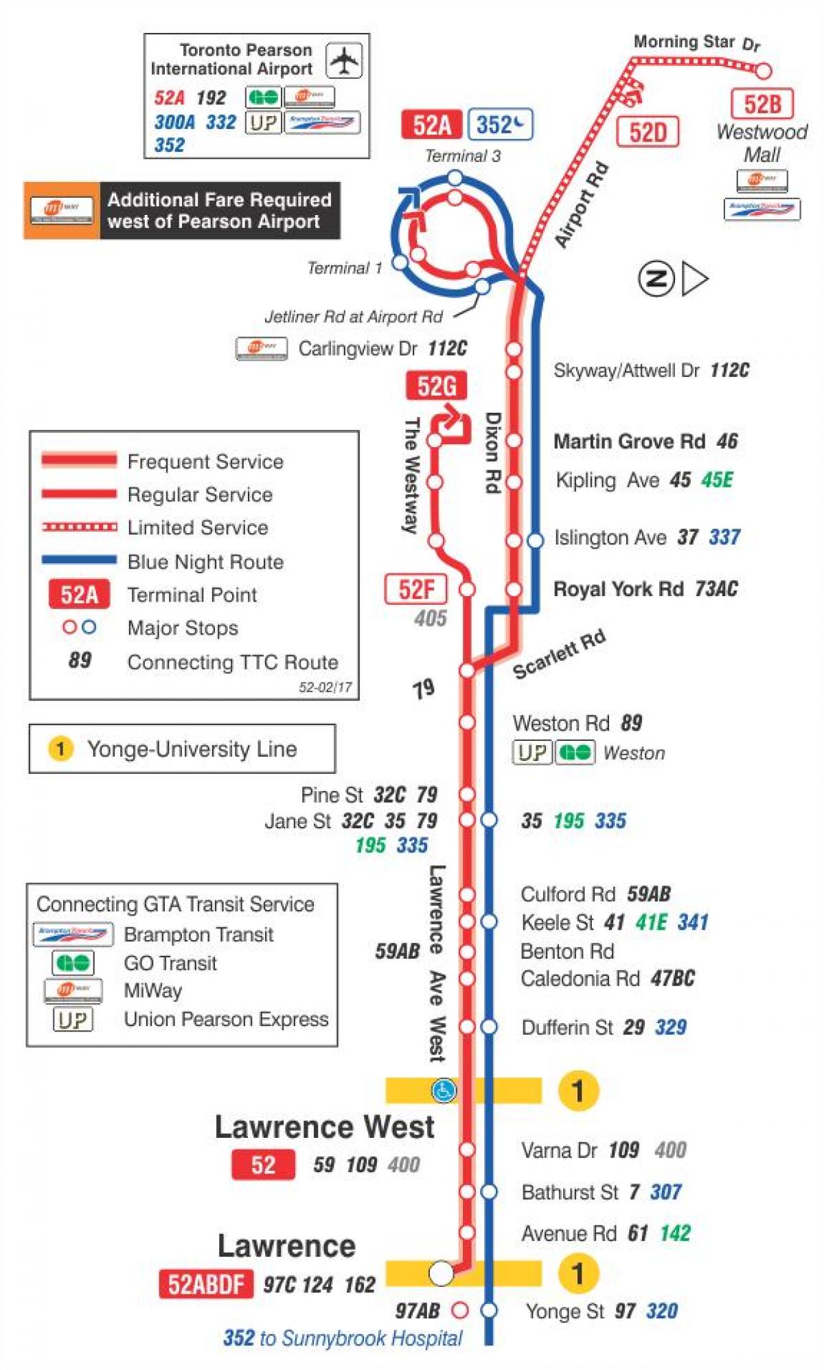 Mapa ng TTC 52 Lawrence Kanluran ruta ng bus Toronto