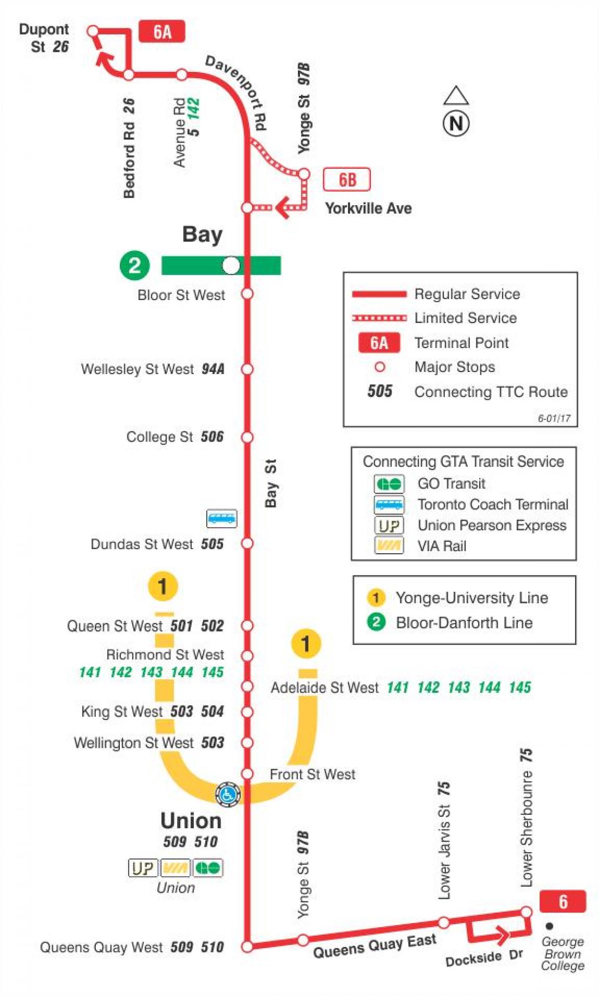 Mapa ng TTC 6 Bay ruta ng bus Toronto