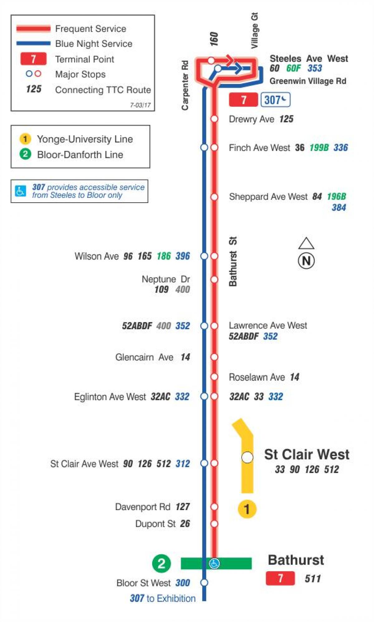Mapa ng TTC 7 Bathurst ruta ng bus Toronto