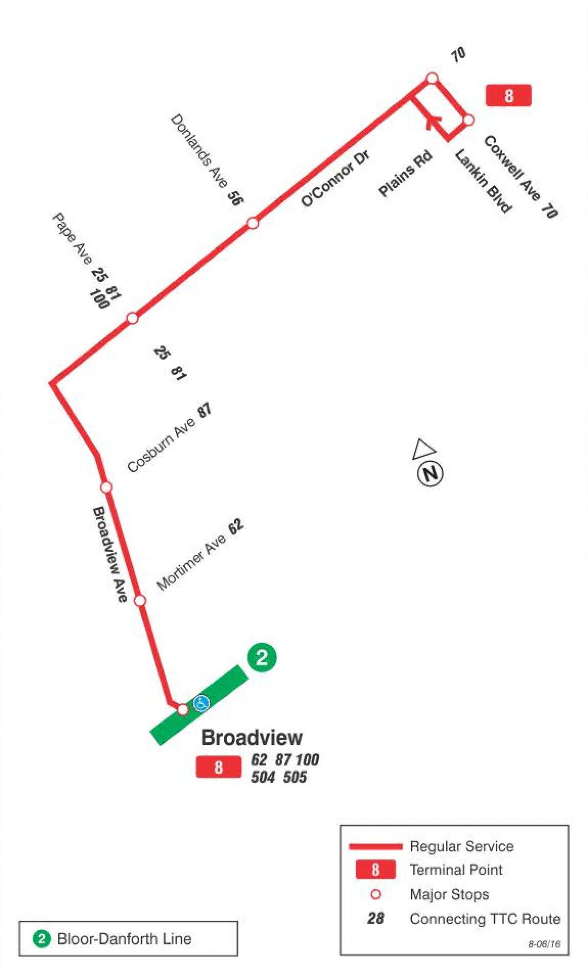 Mapa ng TTC 8 Broadview ruta ng bus Toronto