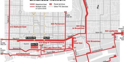 Mapa ng Waterfront Silangan pinahusay na network Toronto