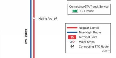 Mapa ng TTC 15 Evans ruta ng bus Toronto