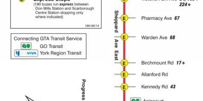 Mapa ng TTC 190 Scarborough Centre Rocket ruta ng bus Toronto